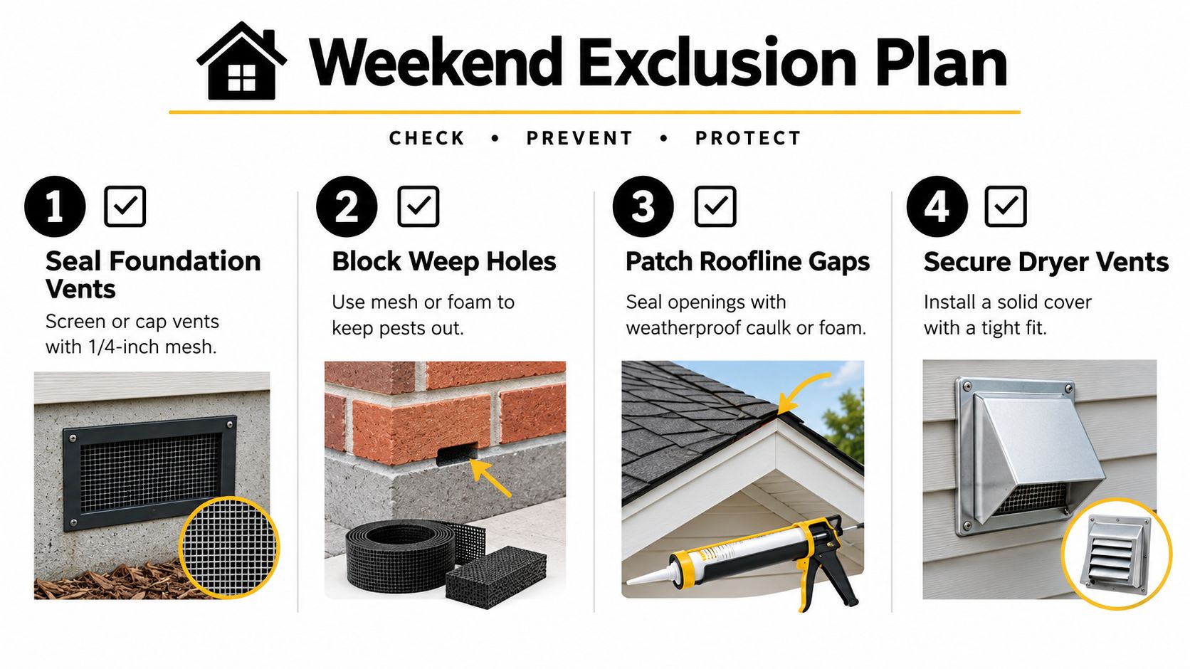 An infographic showing four weekend DIY steps to seal home entry points and prevent pest infestations.