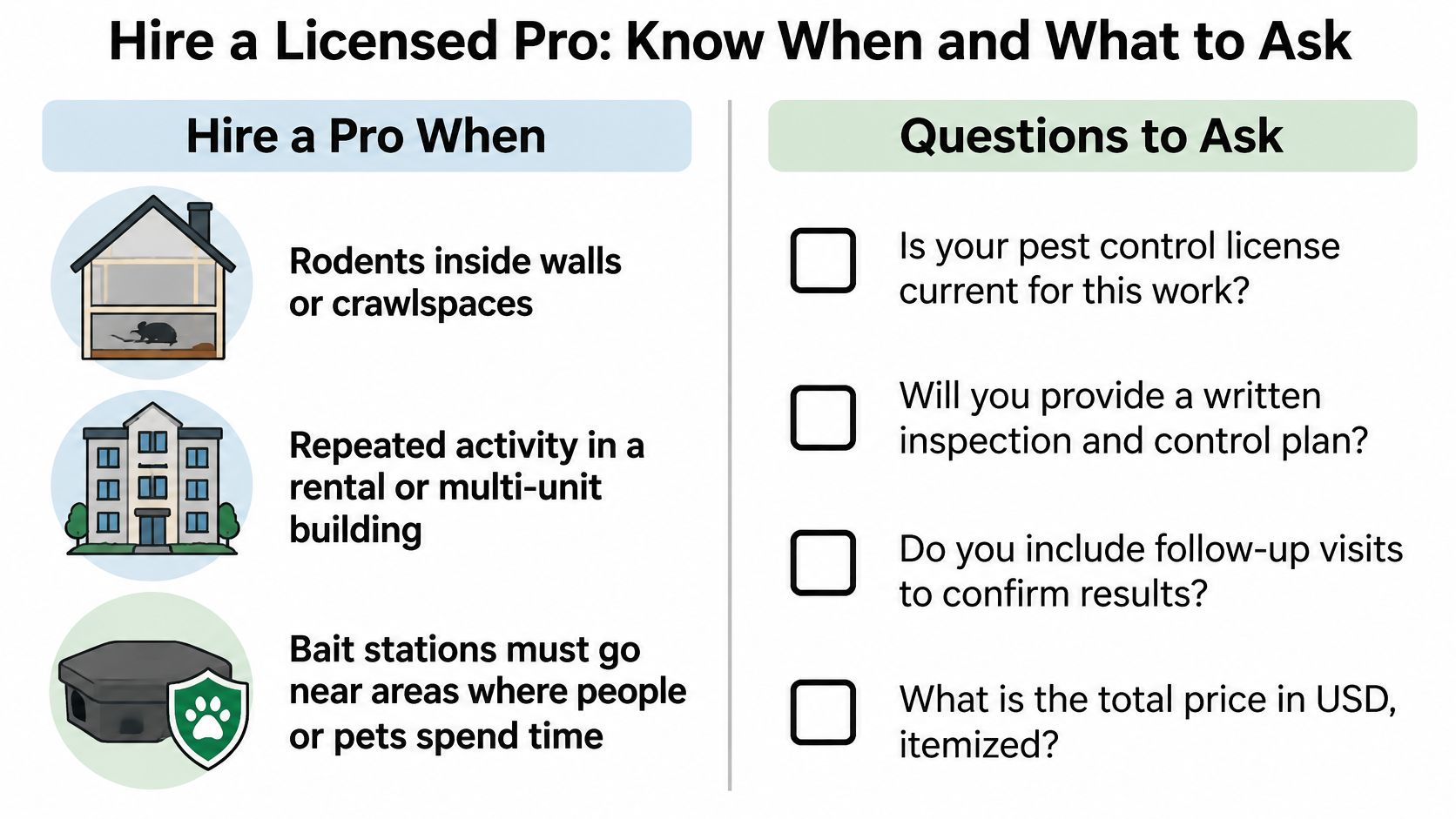 An infographic outlining when to hire a professional for rodent control and key questions to ask them.
