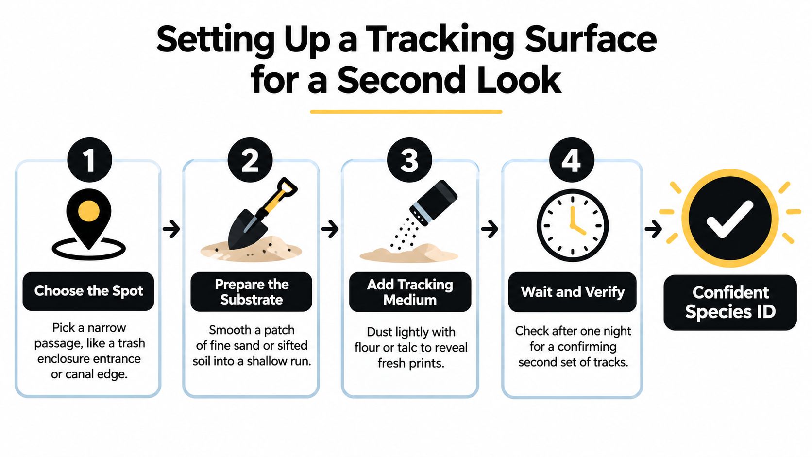 A four-step infographic illustrating how to create a tracking surface to identify animal footprints in the wild.
