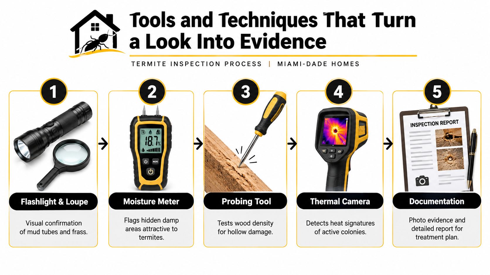 A five-step infographic showing professional tools used during a termite inspection process in Miami-Dade homes.