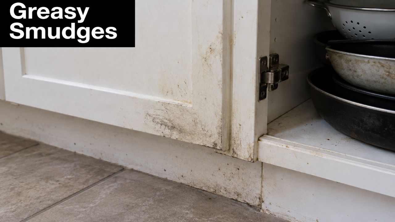 Dirty white kitchen cabinets featuring dark greasy smudges near the hinges, indicating potential hygiene and pest concerns.