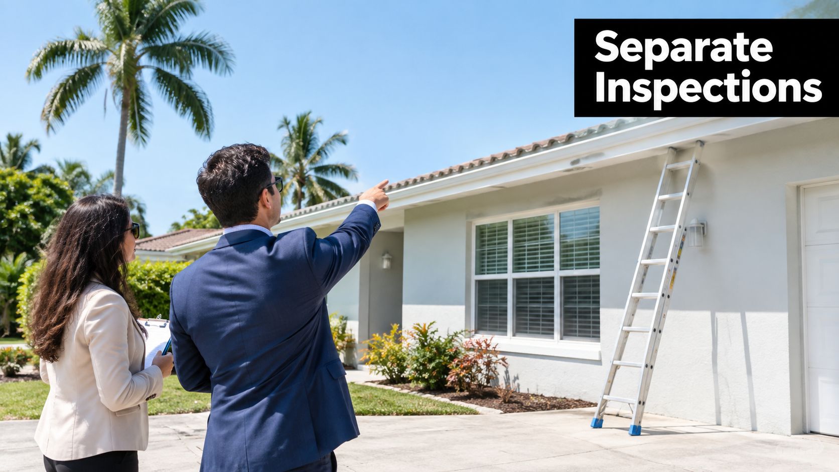 A professional real estate inspector and a client inspecting the exterior of a suburban house.