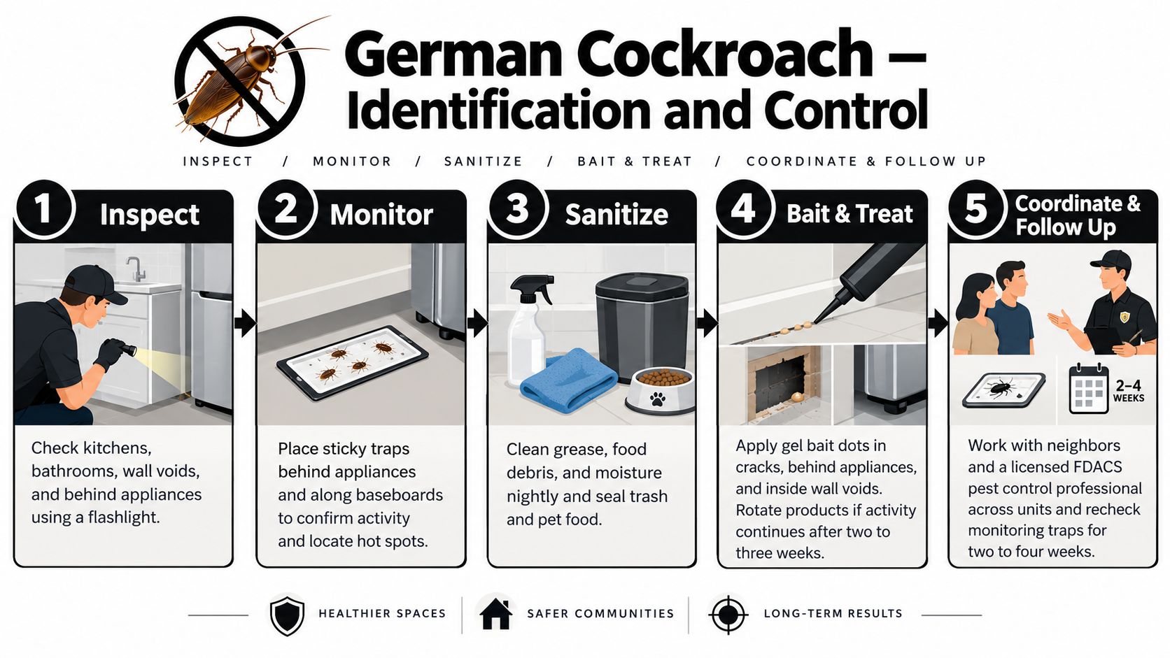 An infographic detailing five professional steps for identifying and controlling German cockroach infestations in residential areas.