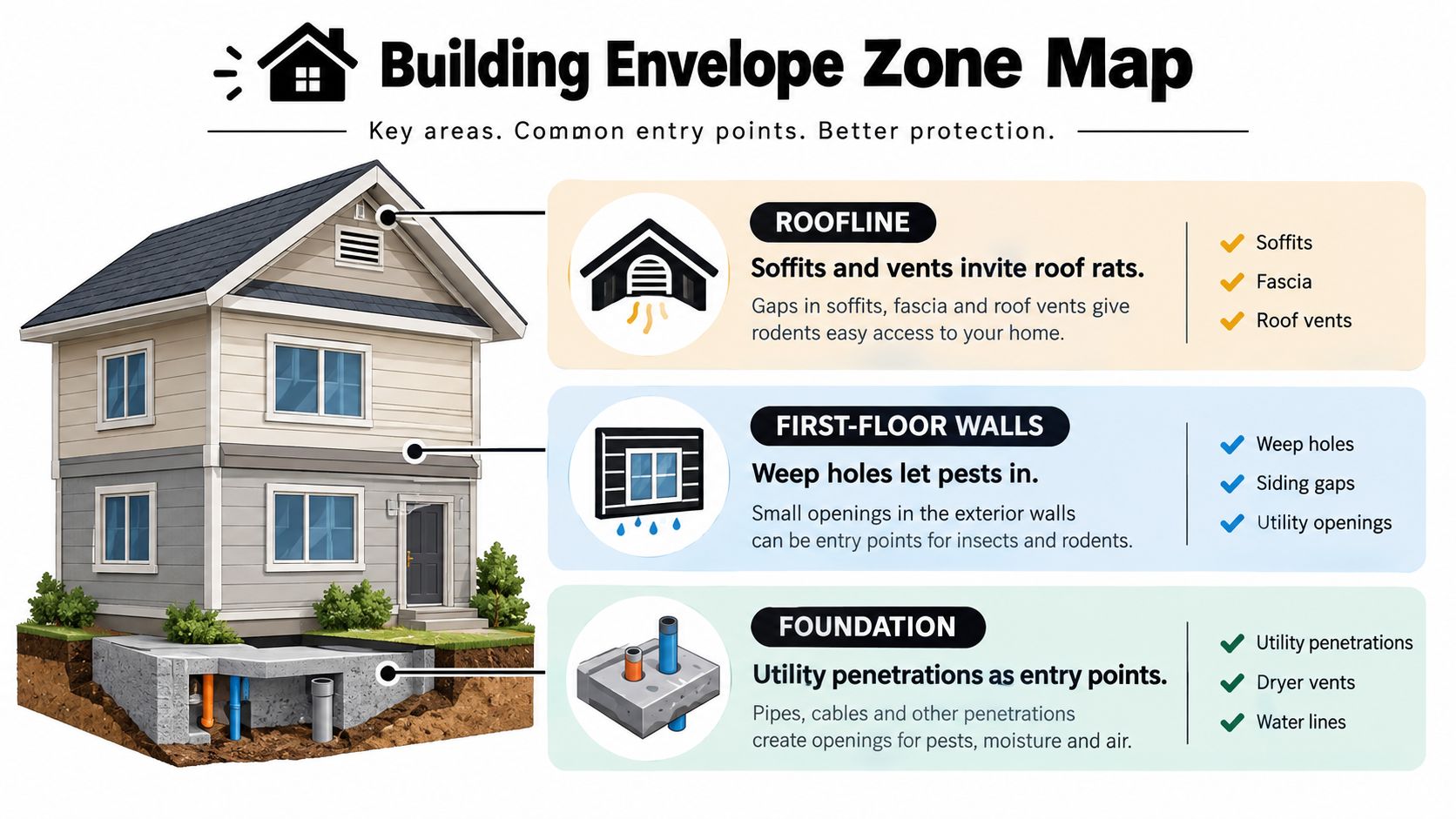 An infographic illustrating common entry points for pests into a house, highlighting rooflines, walls, and foundations.