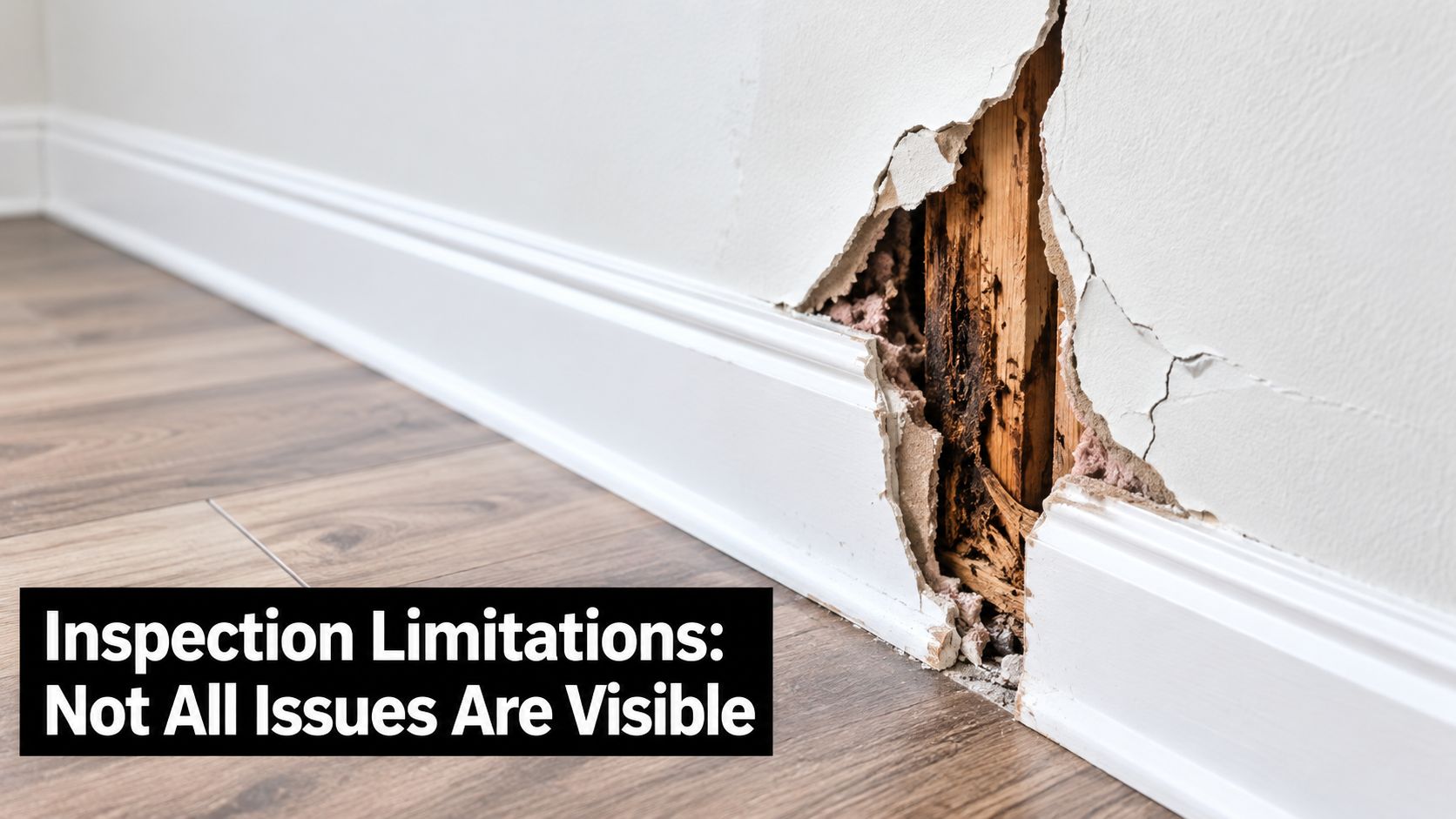 A damaged wall revealing termite damage and wood decay hidden behind drywall in a home interior.
