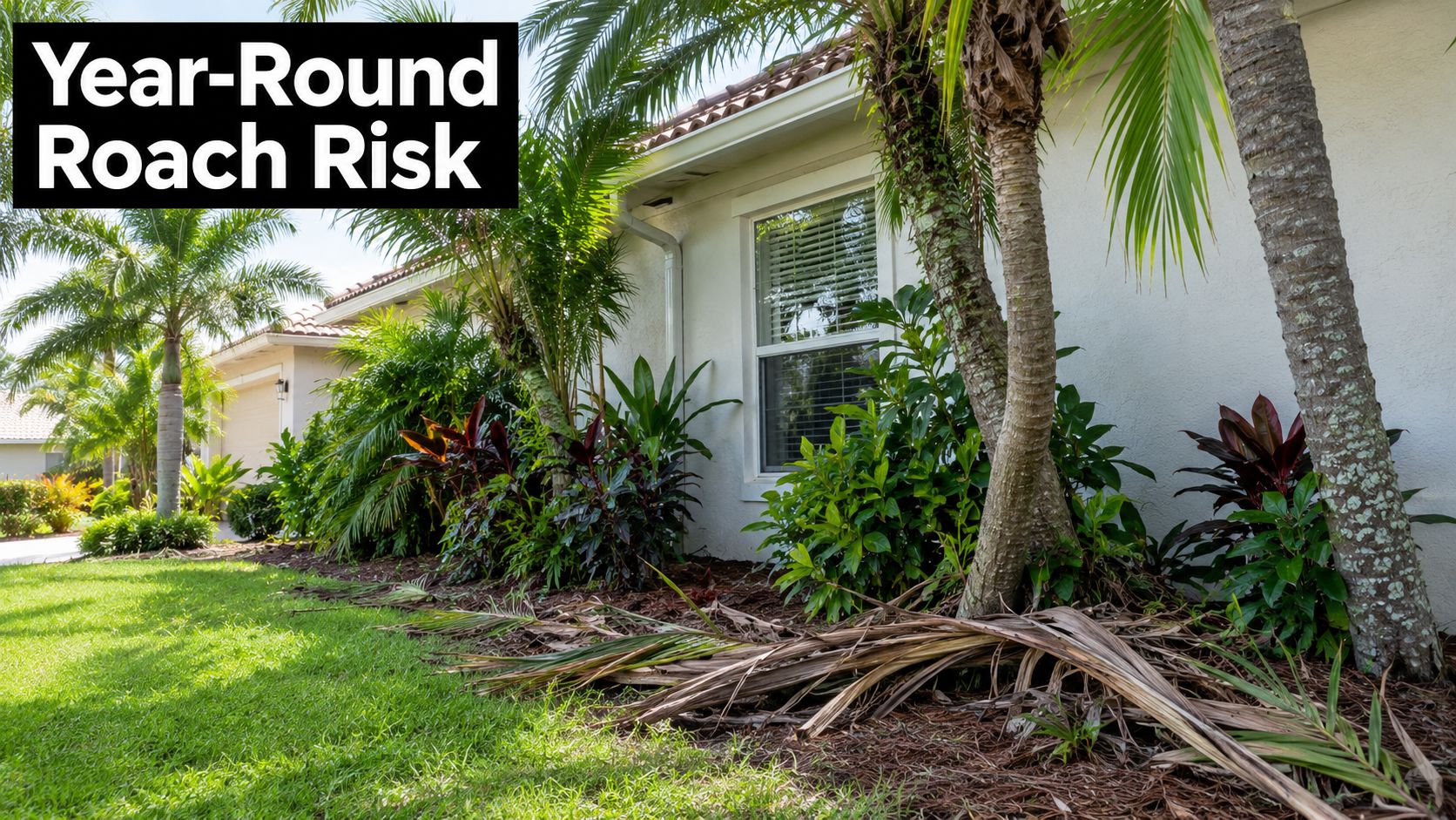 A landscaped Florida home exterior featuring dense palm trees and bushes with a roach risk warning.