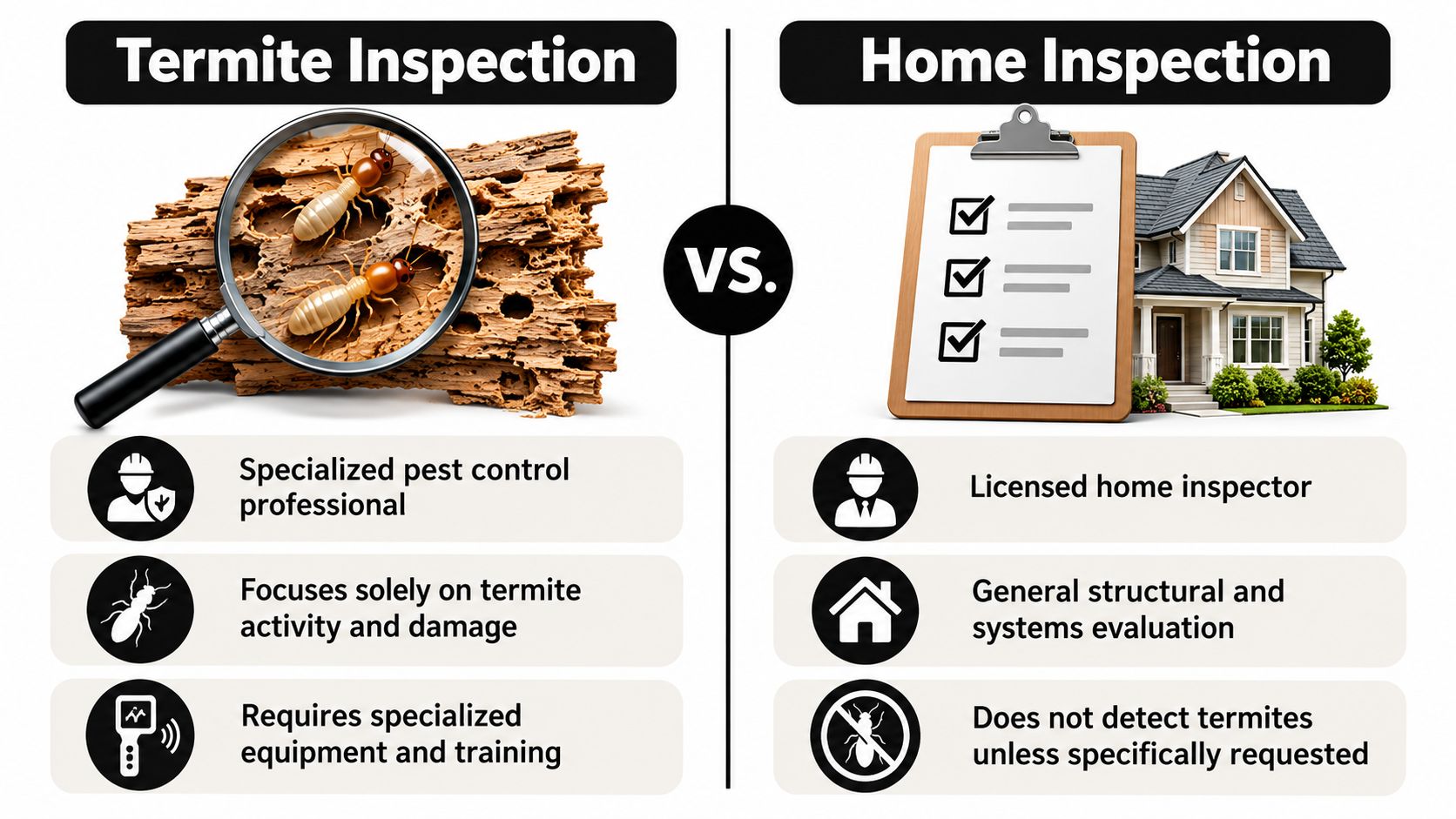 A comparison infographic between termite inspections and general home inspections for property buyers.