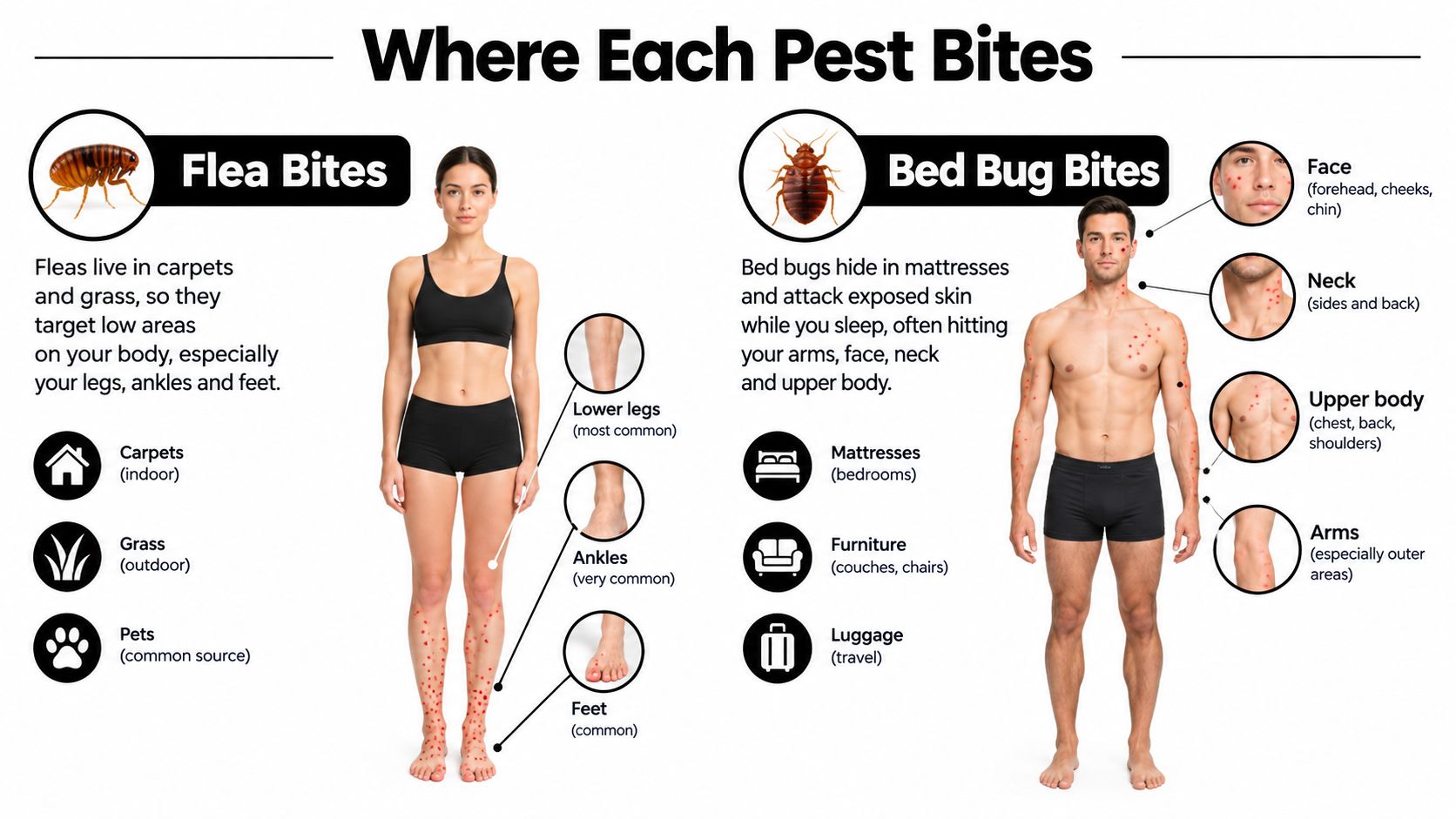 An infographic comparing common locations for flea bites on legs versus bed bug bites on upper body.