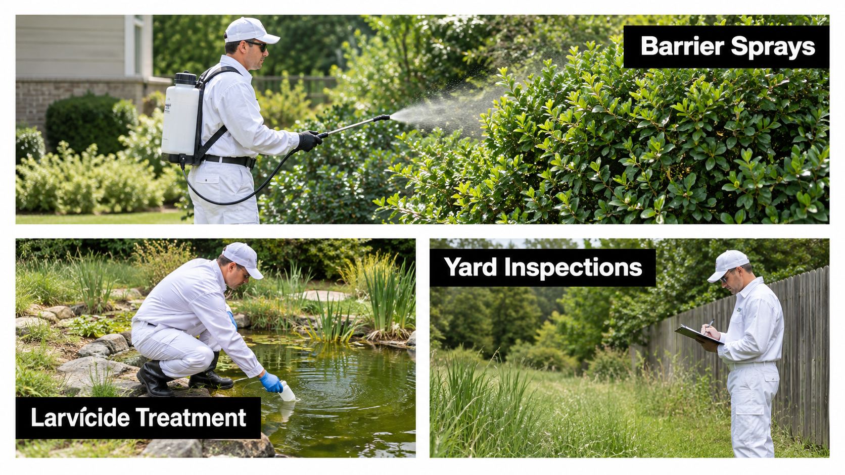 A pest control technician performs mosquito control services including barrier sprays, larvicide treatment, and yard inspections.