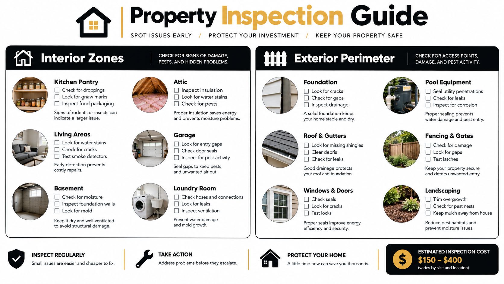 A property inspection guide checklist featuring tips for monitoring interior zones and exterior perimeters for damage.