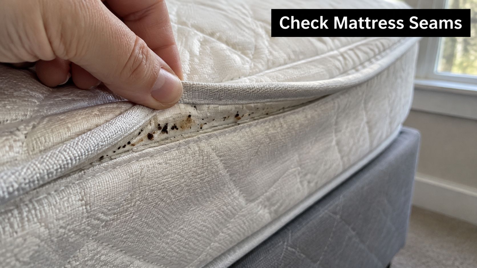 A close-up view of a mattress seam showing dark spots indicating a potential bed bug infestation.