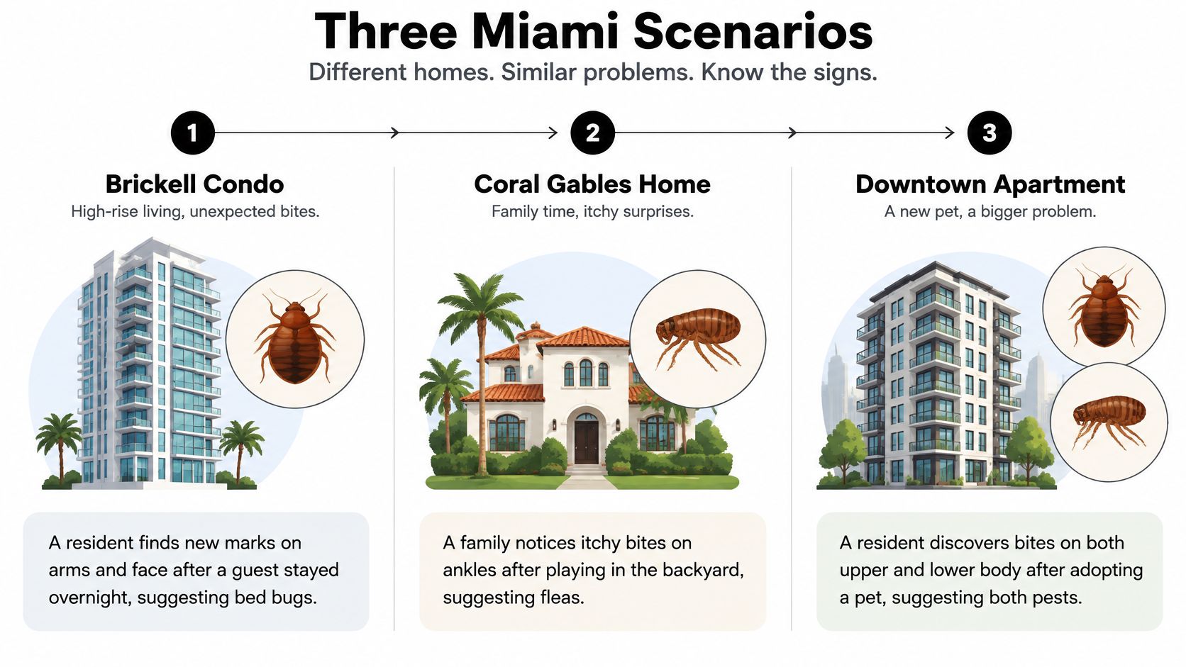 An infographic showing three Miami housing scenarios and the different pest issues like bed bugs and fleas.
