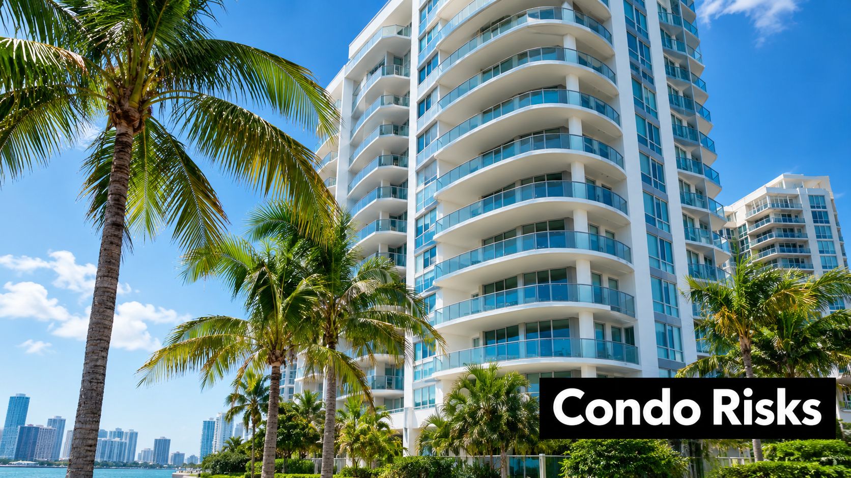 A modern high-rise condominium building framed by tropical palm trees under a bright blue sky.