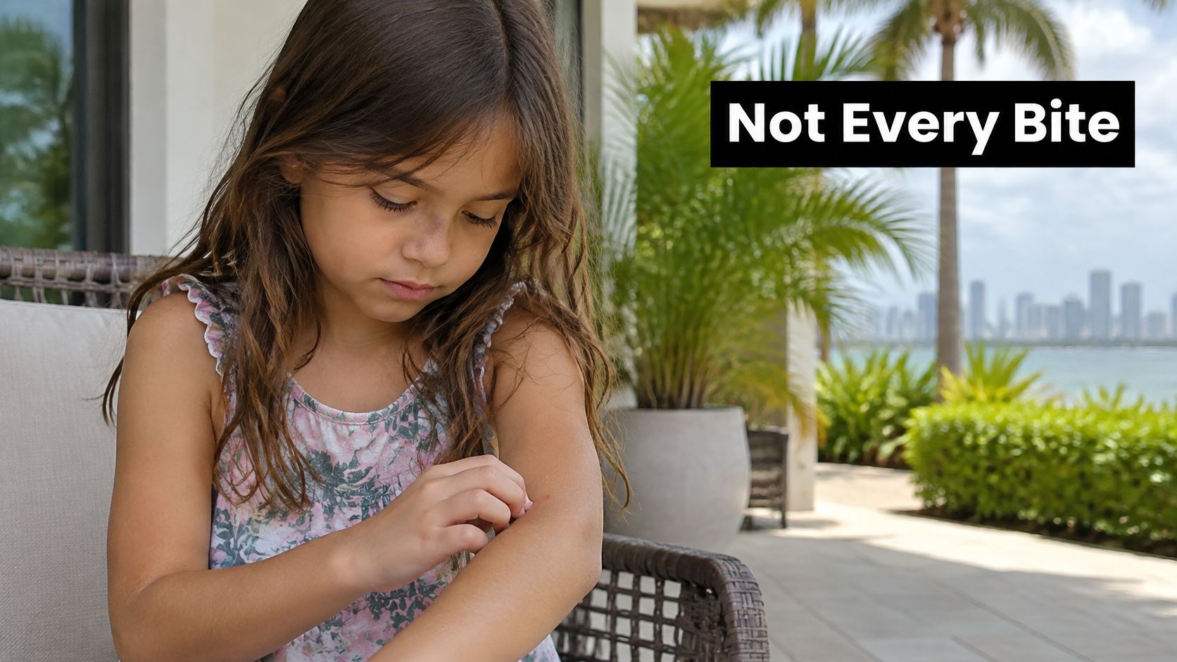 A young girl sitting outside, looking down and scratching a small red bite on her arm.