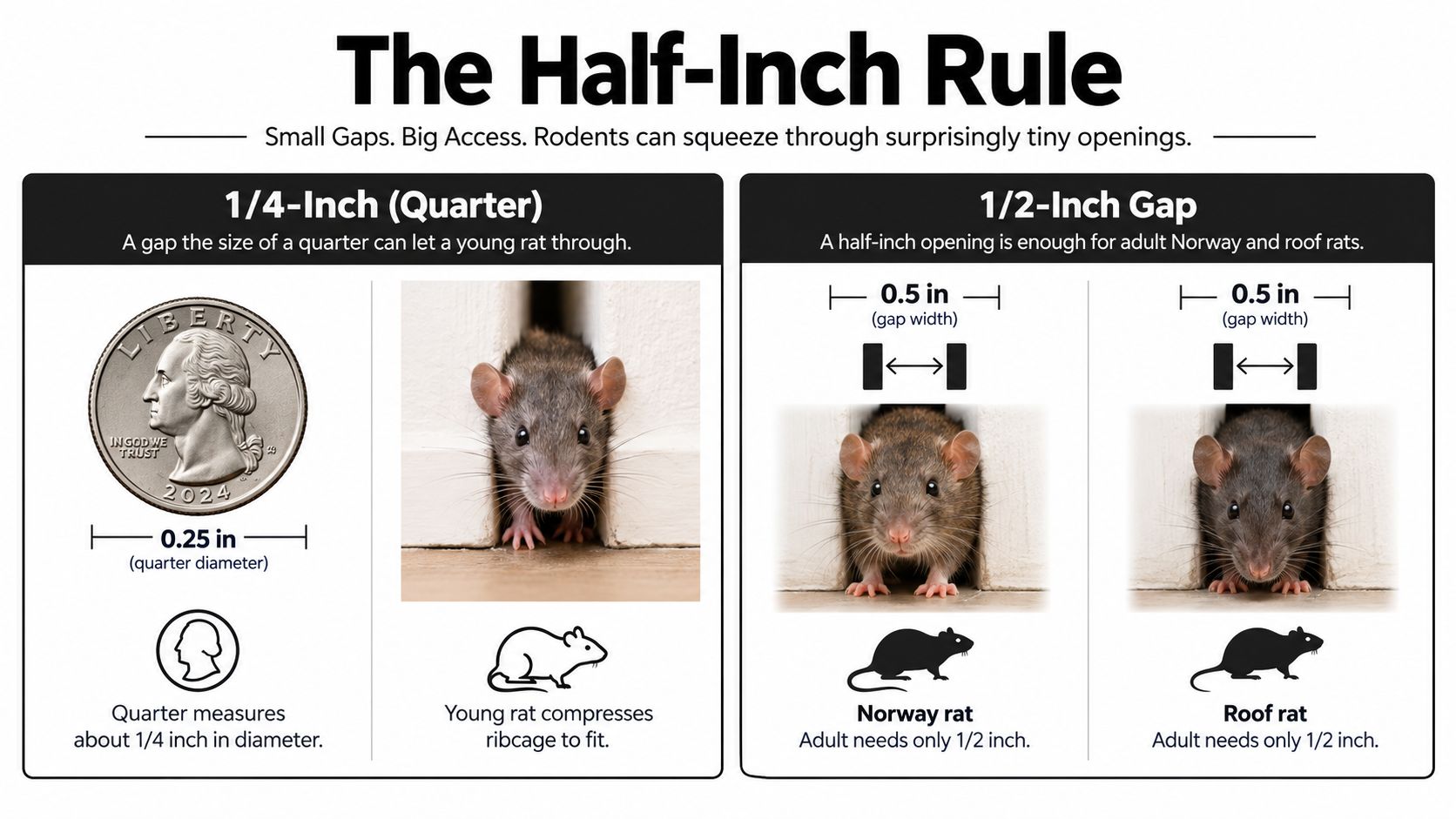 An infographic showing that rats can squeeze through small gaps, specifically quarter-inch and half-inch openings.
