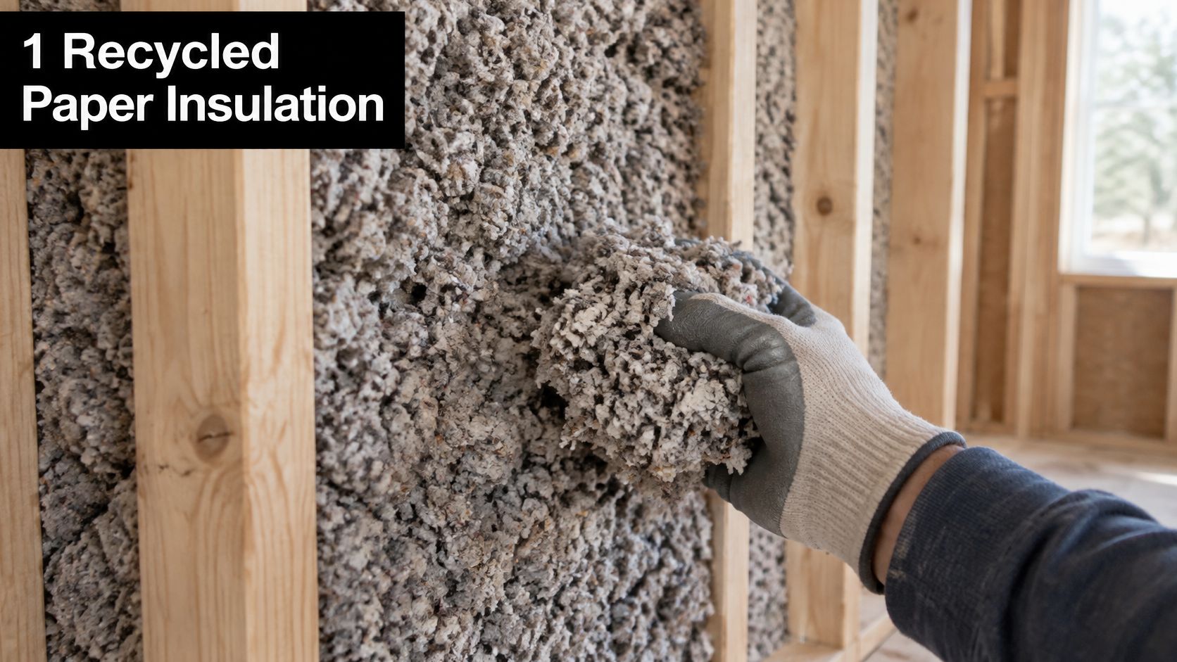 A gloved hand holds a clump of gray recycled paper cellulose insulation inside wooden wall studs.