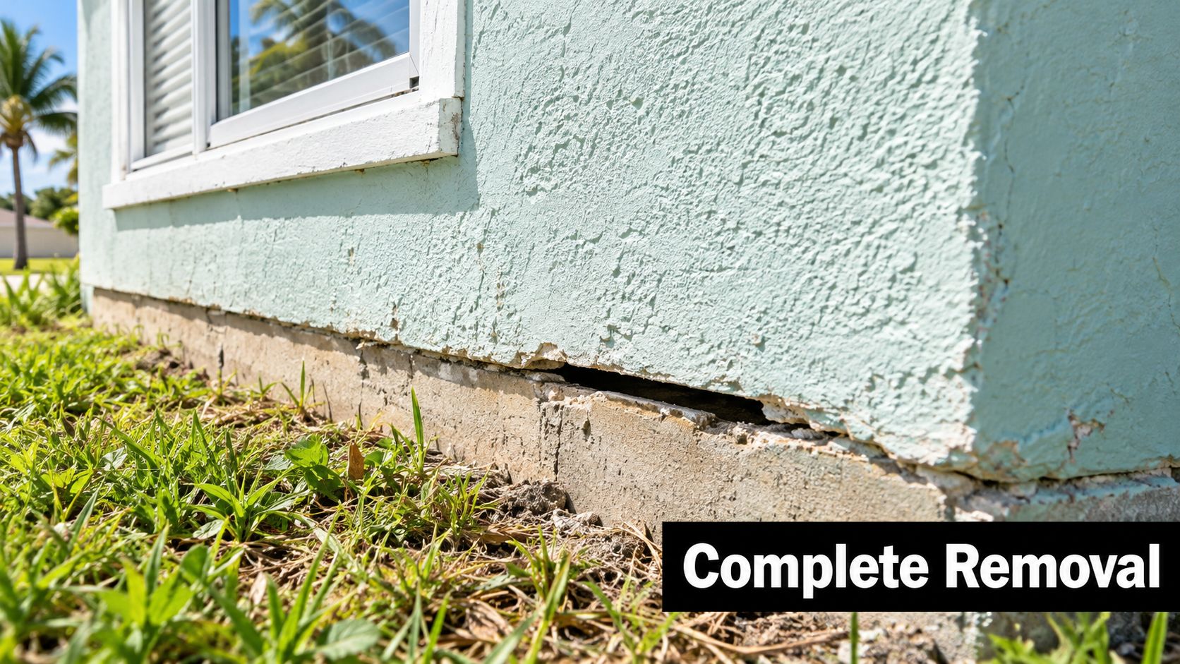 A close-up view of a house foundation showing a large gap that could allow pest entry.