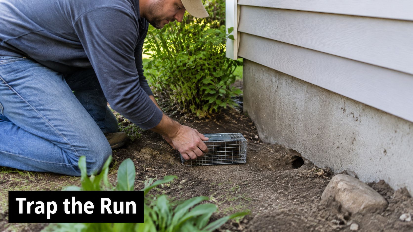 A person kneeling beside a house foundation, carefully placing a metal cage trap near a burrow entrance.