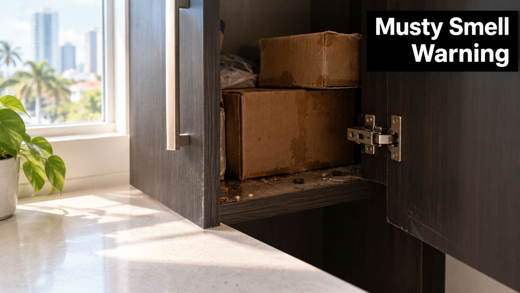 Inside a kitchen cabinet containing cardboard boxes and debris, highlighting a potential roach infestation sign.