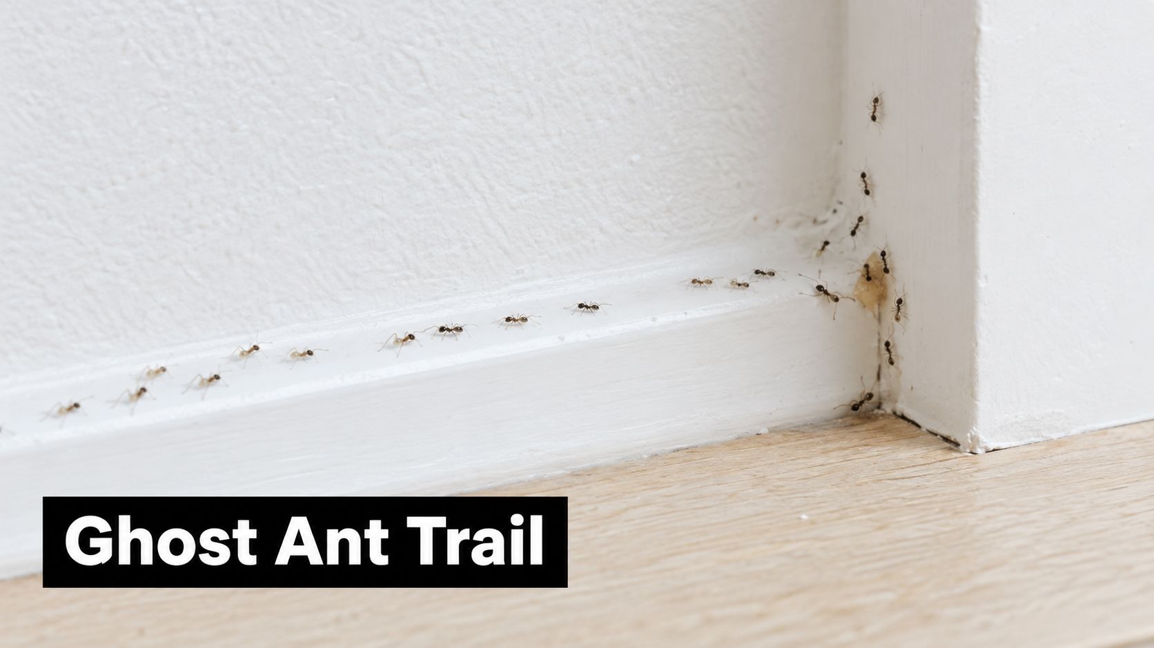 A close-up view showing a trail of small ghost ants crawling along a white baseboard indoors.