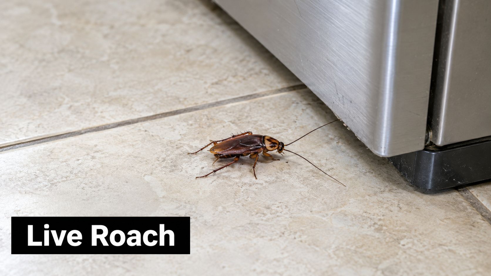 A live American cockroach crawling on a tiled floor near the base of a stainless steel appliance.