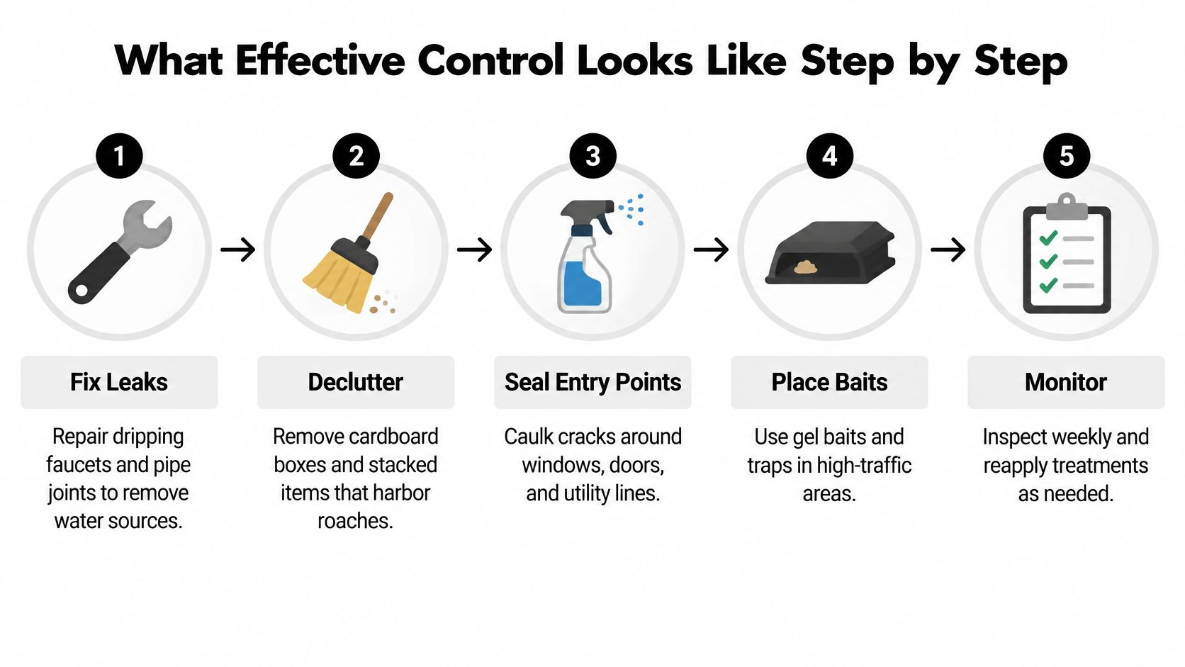 A five-step infographic showing how to effectively control roaches in homes by cleaning and sealing entry points.