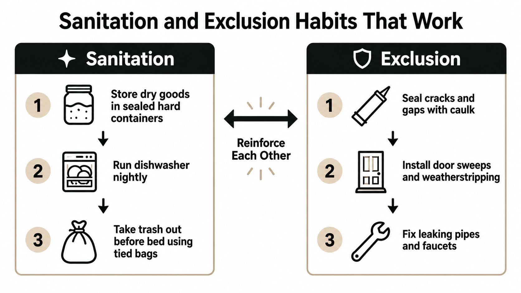 An infographic showing sanitation and exclusion habits to prevent pest infestations in a home environment.