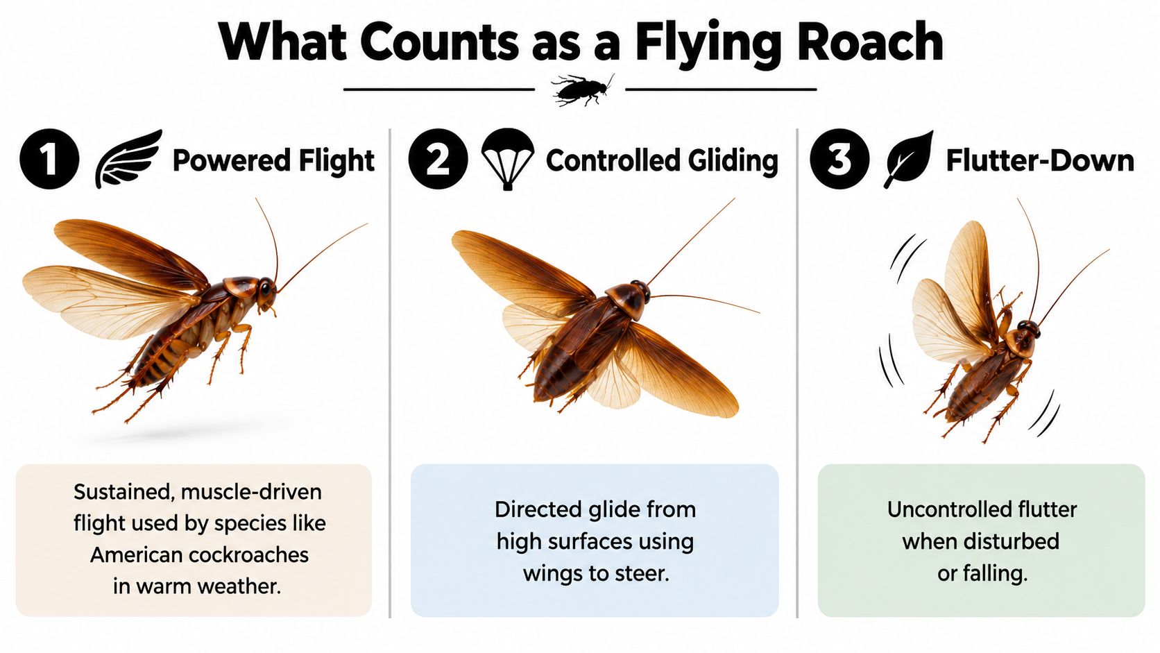 A diagram explaining the three types of flying behavior in cockroaches: powered flight, controlled gliding, and flutter-down.