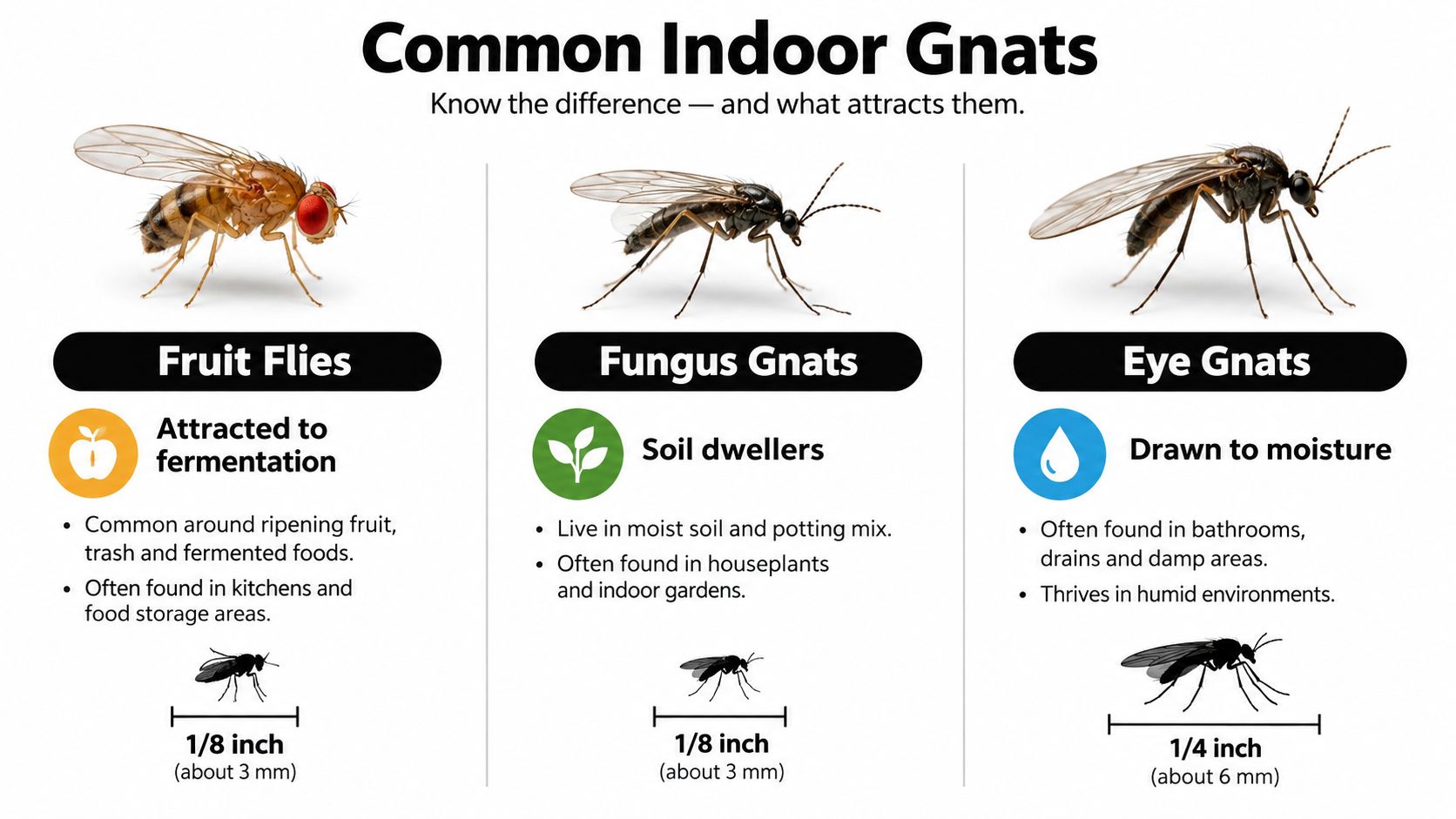 An infographic illustrating the differences between fruit flies, fungus gnats, and eye gnats, including their characteristics and sizes.