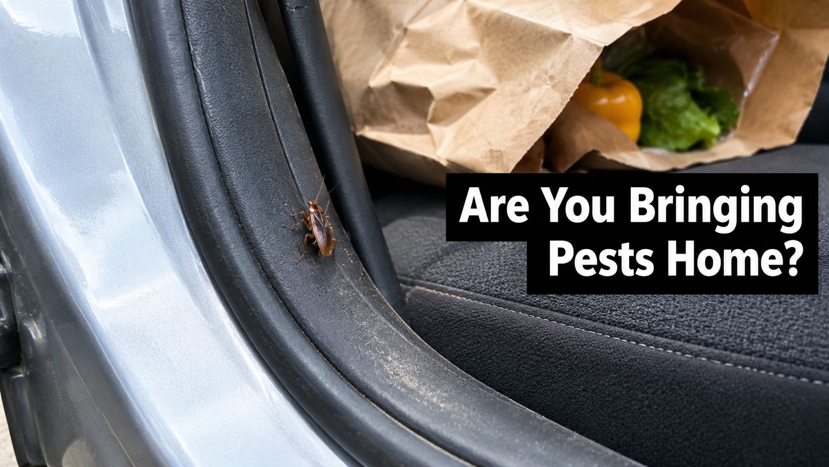 A cockroach crawling on the door frame of a car interior with a grocery bag nearby.