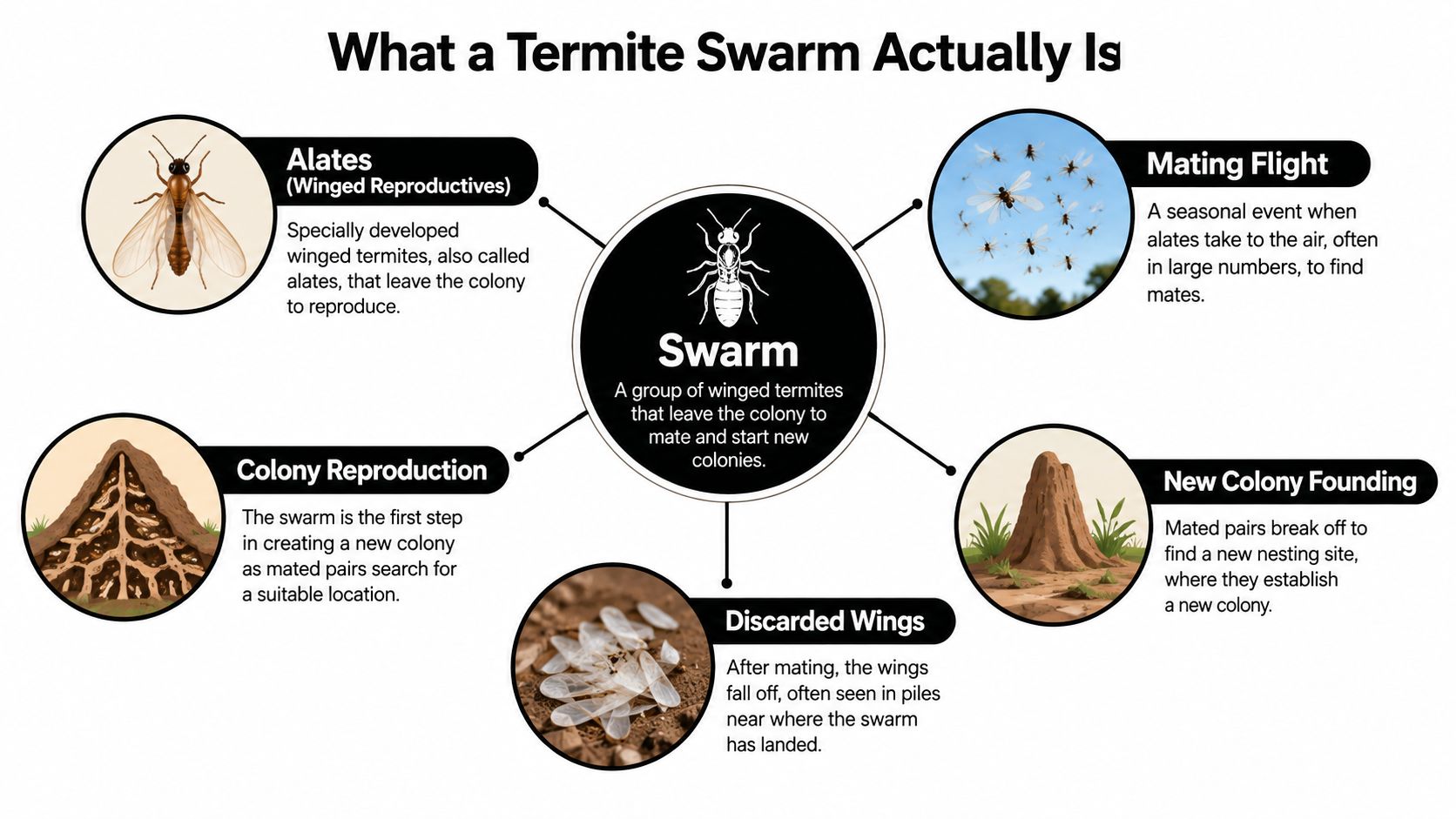 A diagram explaining what a termite swarm is, detailing alates, mating flights, and new colony founding.
