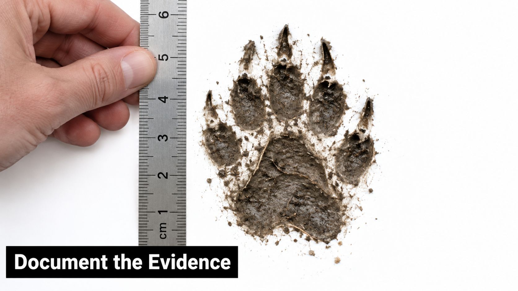 A close-up of a raccoon paw print in mud measured next to a metal ruler.