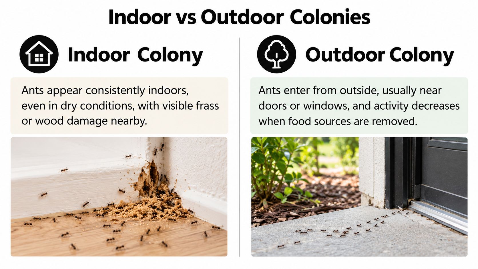 A comparison image showing the differences between indoor ant colonies with wood damage and outdoor ant trails.