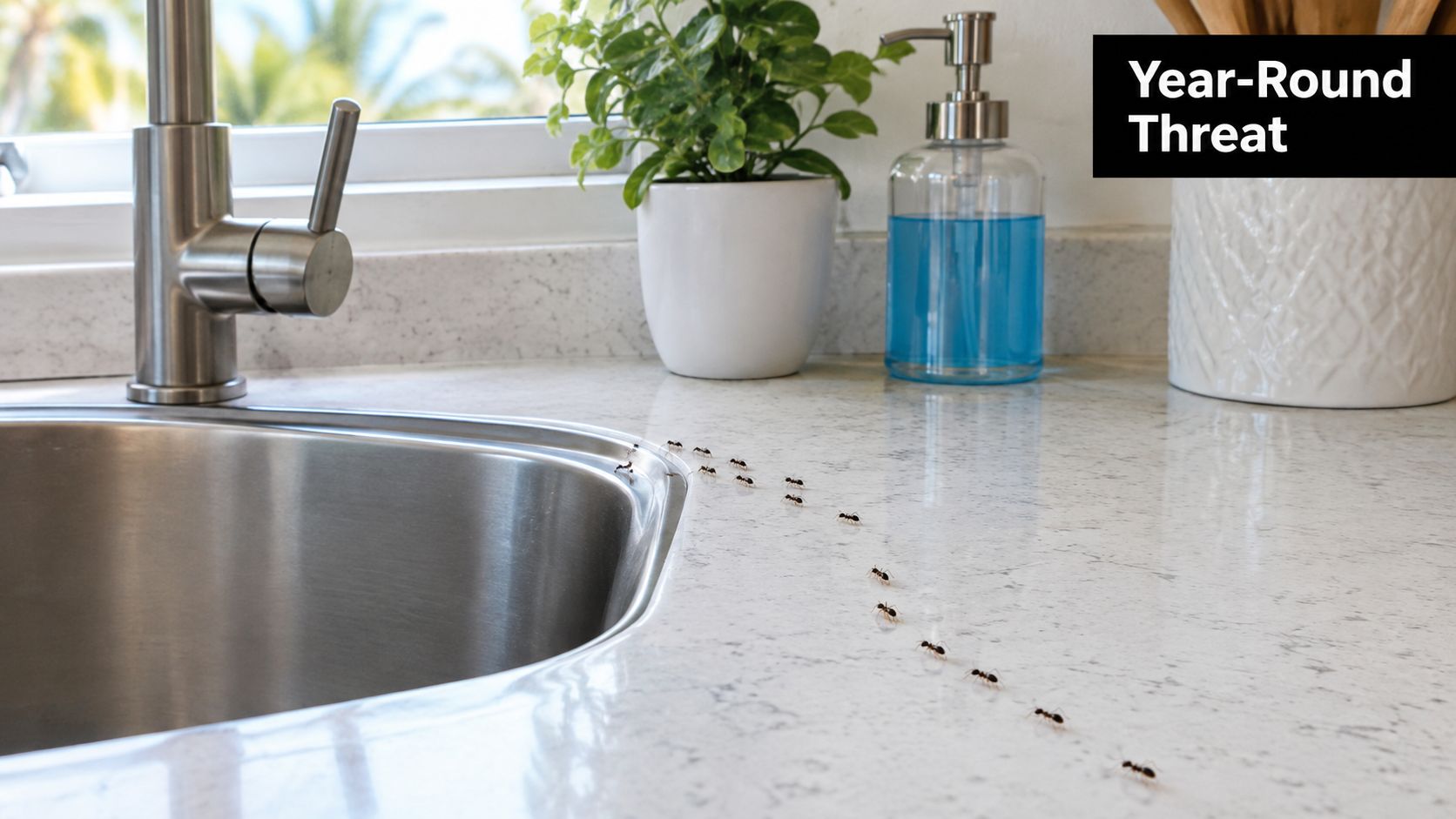 A line of ants marching across a kitchen countertop near a stainless steel sink and faucet.