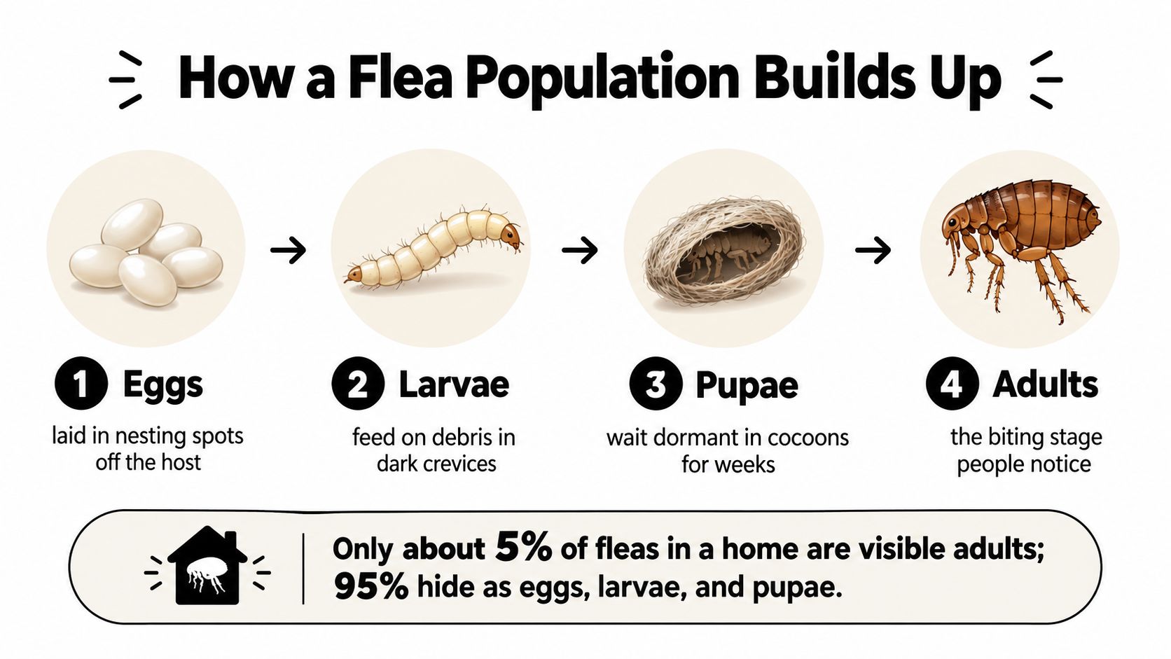 An infographic showing the four stages of a flea life cycle from egg to adult.