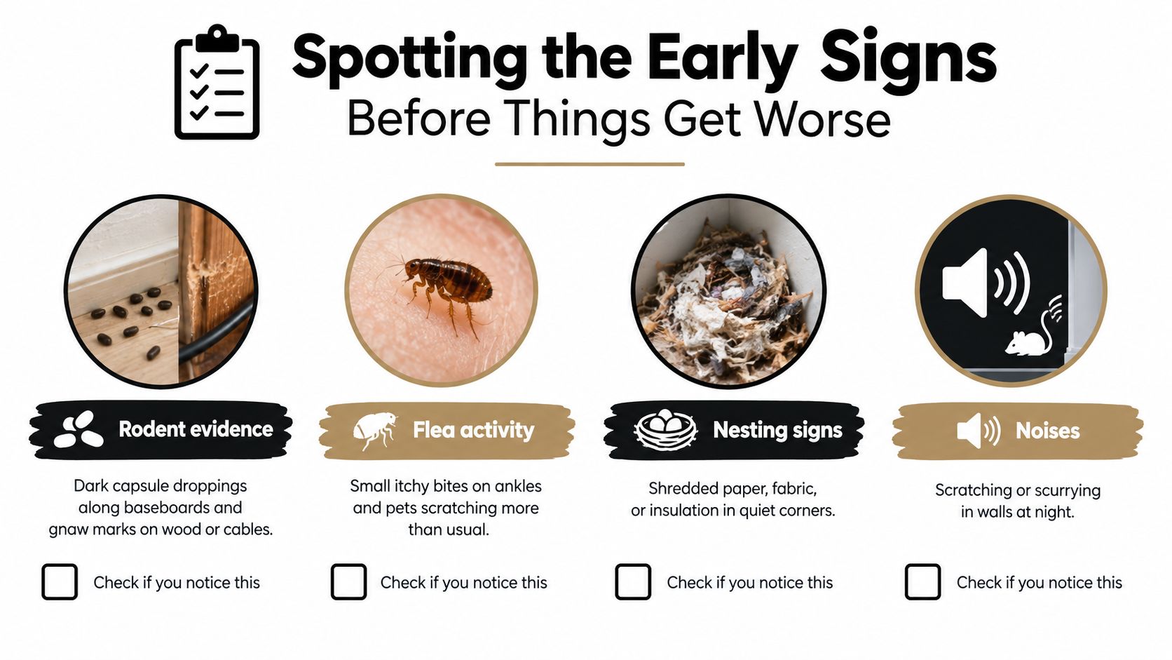 A checklist infographic illustrating common signs of household pest infestations including rodents, fleas, and nesting activity.