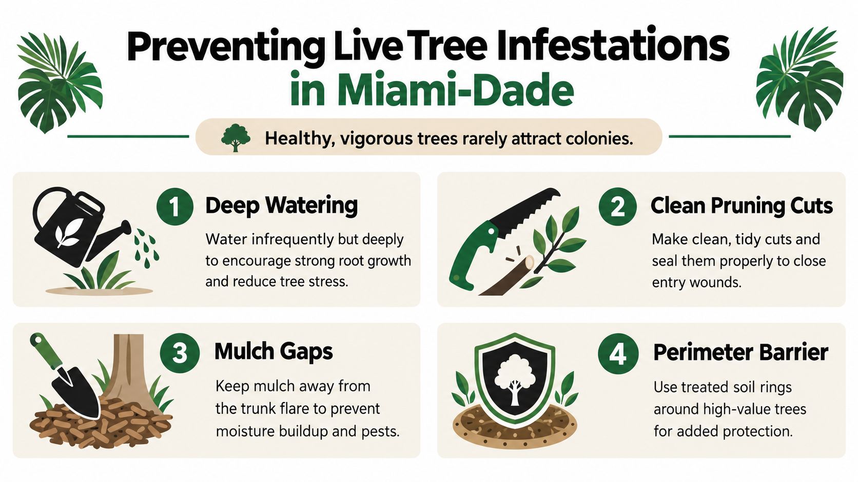 An infographic titled Preventing Live Tree Infestations in Miami-Dade outlining four essential steps for tree maintenance.
