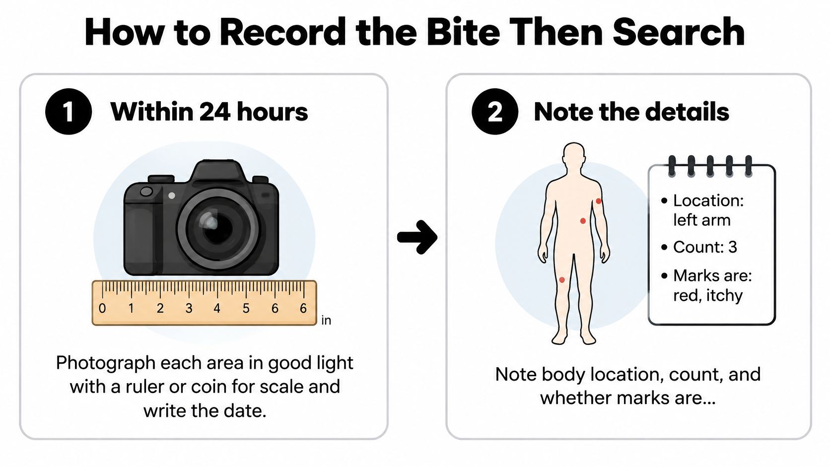 An infographic showing two steps to record bug bites: take photos with a ruler and note details.