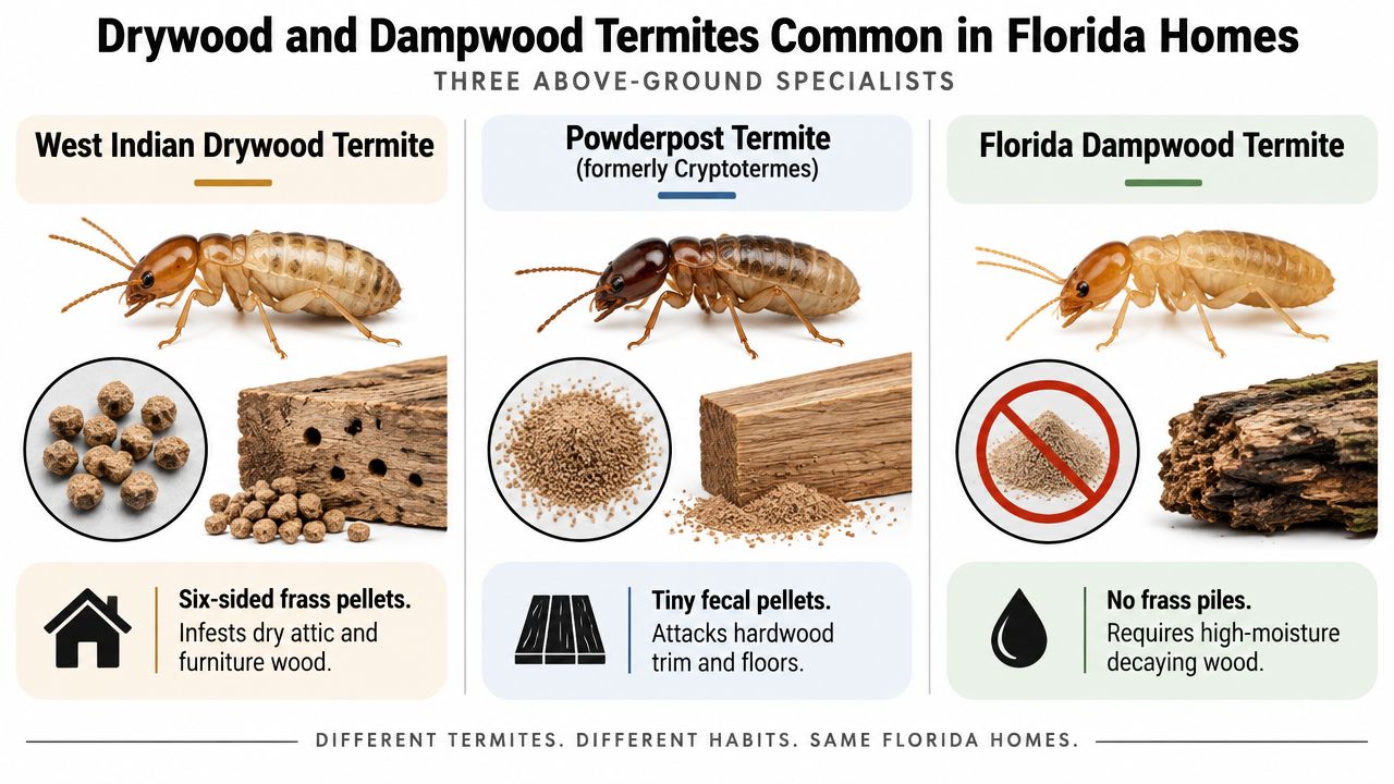 A comparison chart showing three common types of termites found in Florida homes and their habits.