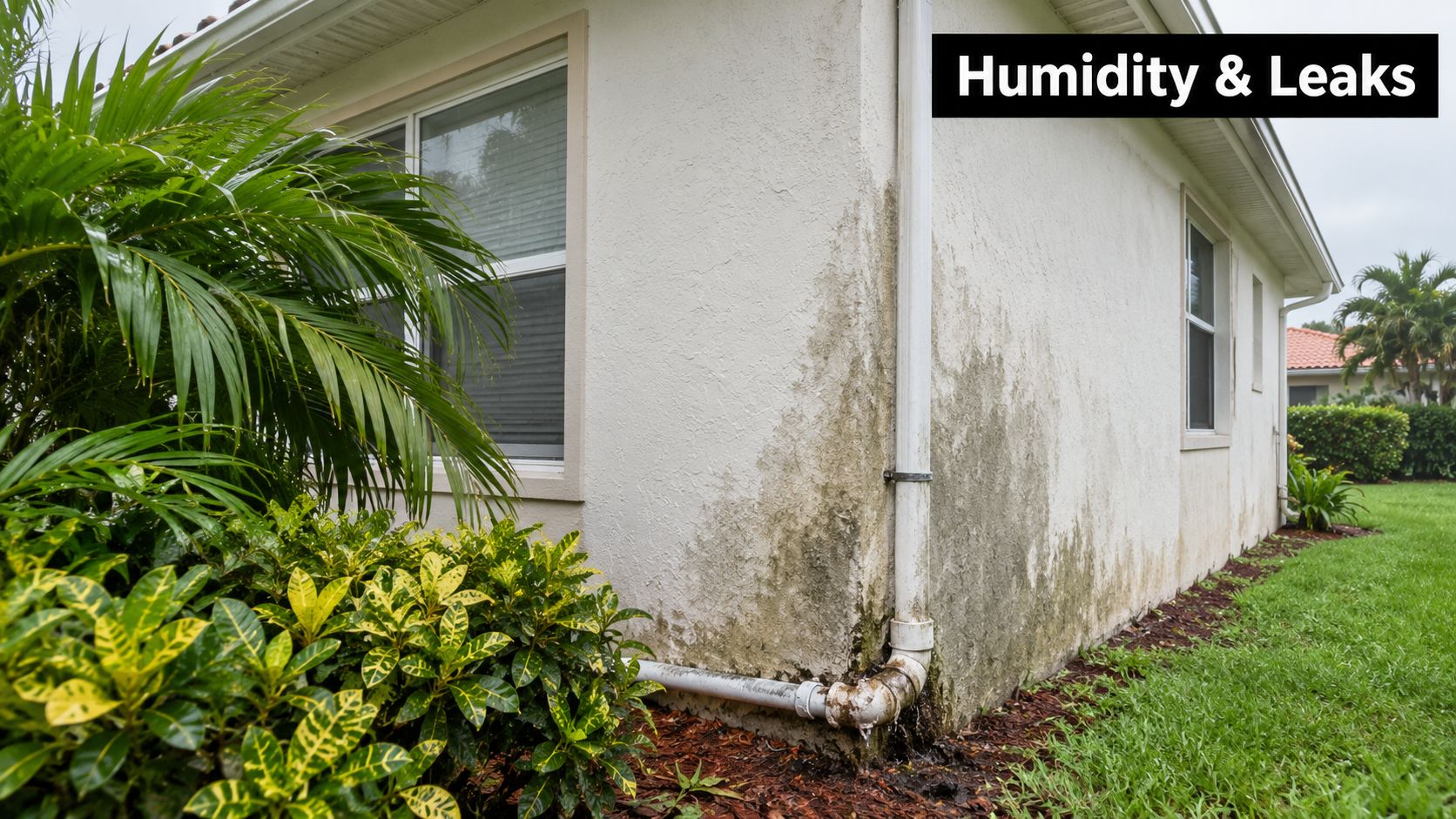 A house exterior wall showing moisture damage, mold growth, and a leaking drain pipe near the foundation.