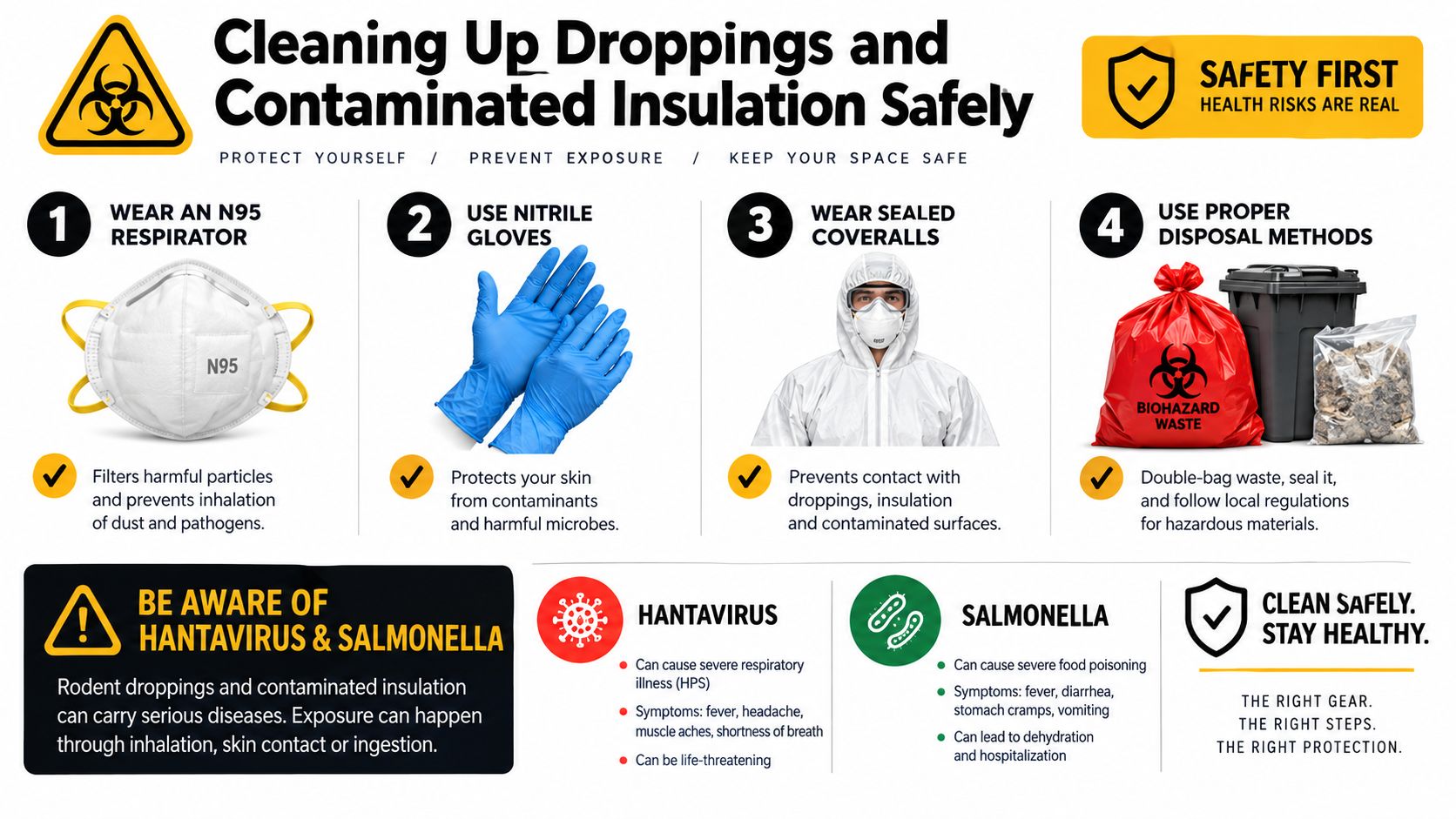 A safety infographic illustrating proper personal protective equipment for cleaning up rodent droppings and contaminated attic insulation.