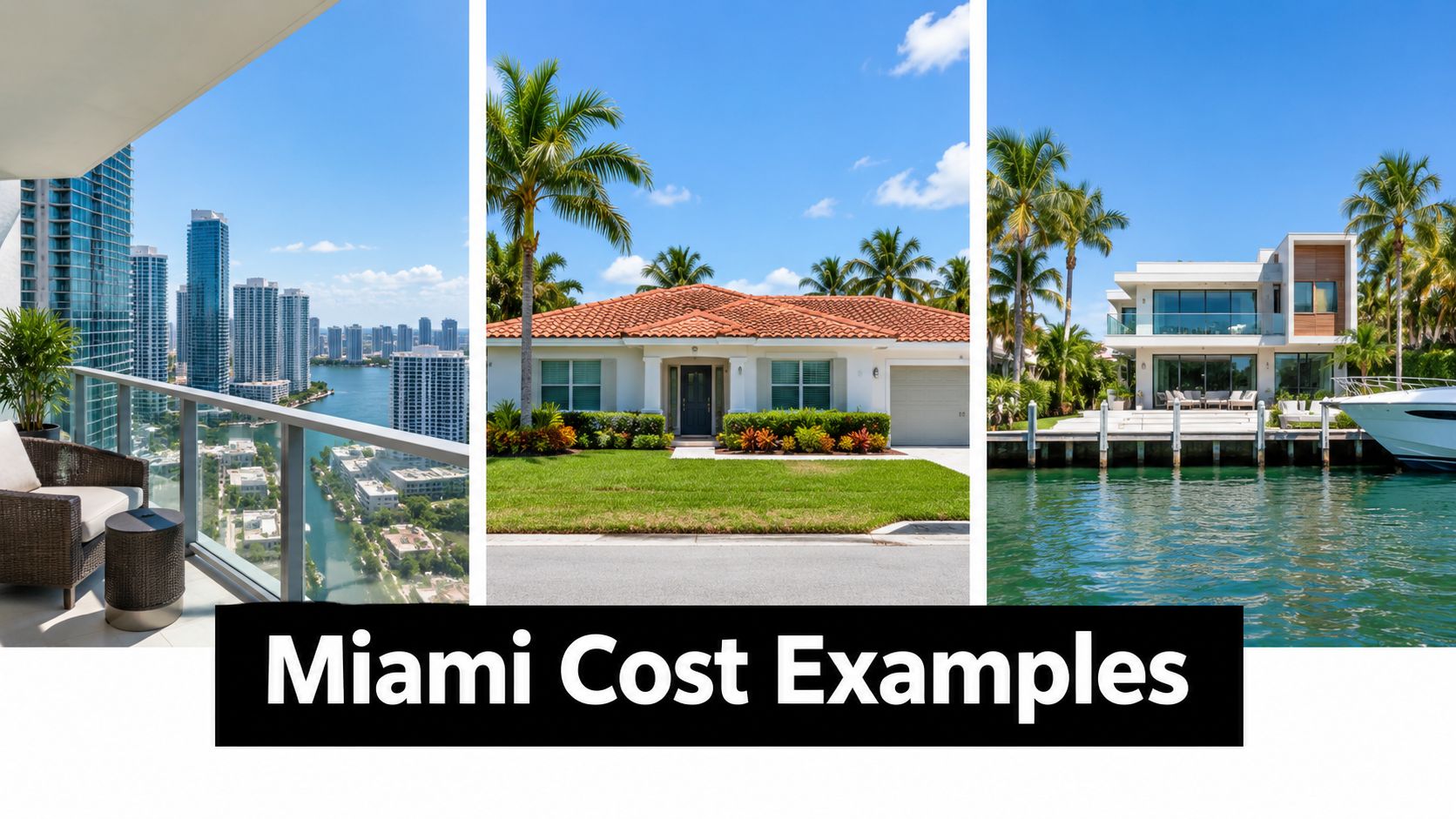A collage showing three different types of residential housing in Miami including a high-rise, suburban home, and waterfront villa.