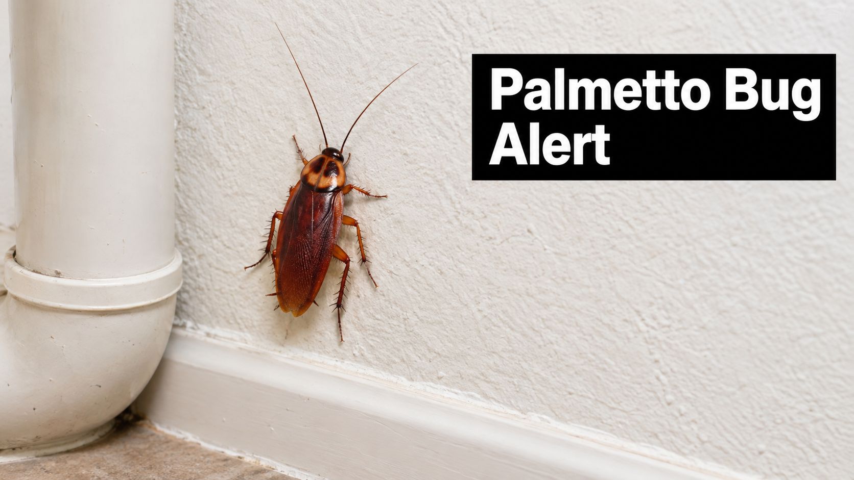 A large brown Palmetto bug climbing on a white wall next to a white PVC pipe.