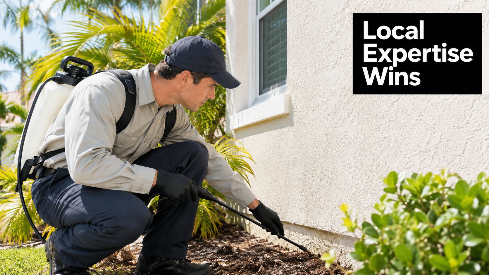 A licensed pest control professional in uniform spraying chemicals around the foundation of a house.