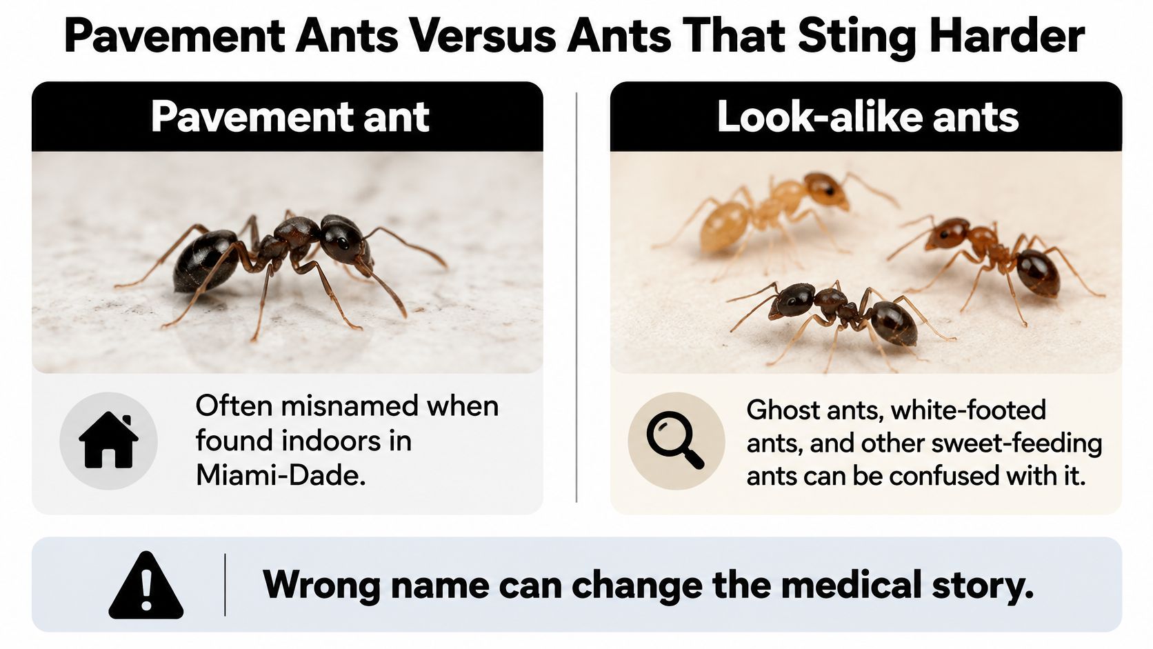 A comparison chart showing a pavement ant versus look-alike ants to warn about potential misidentification risks.