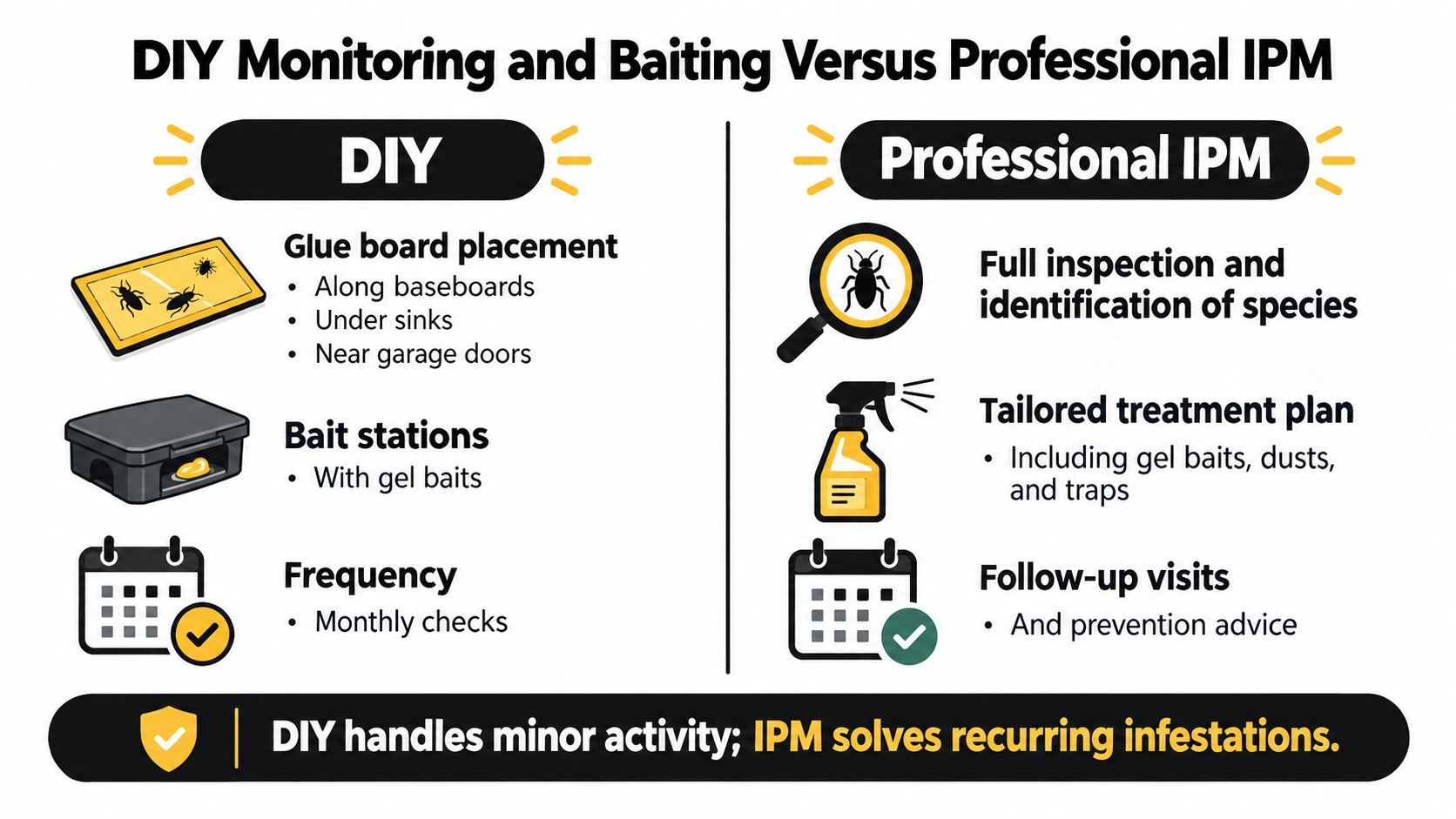 A comparison chart showing the differences between DIY pest control methods and professional IPM services for home.