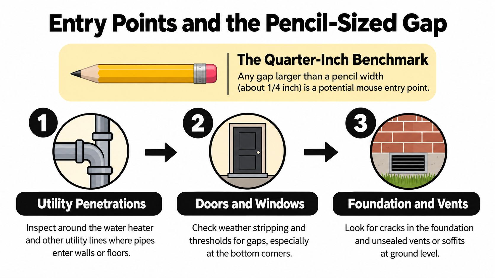 A diagram illustrating how to identify potential mouse entry points around a home using the pencil-sized gap benchmark.