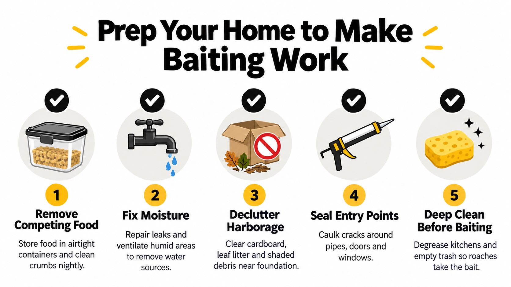 An infographic showing five steps to prepare a home for cockroach baiting by removing food and moisture sources.