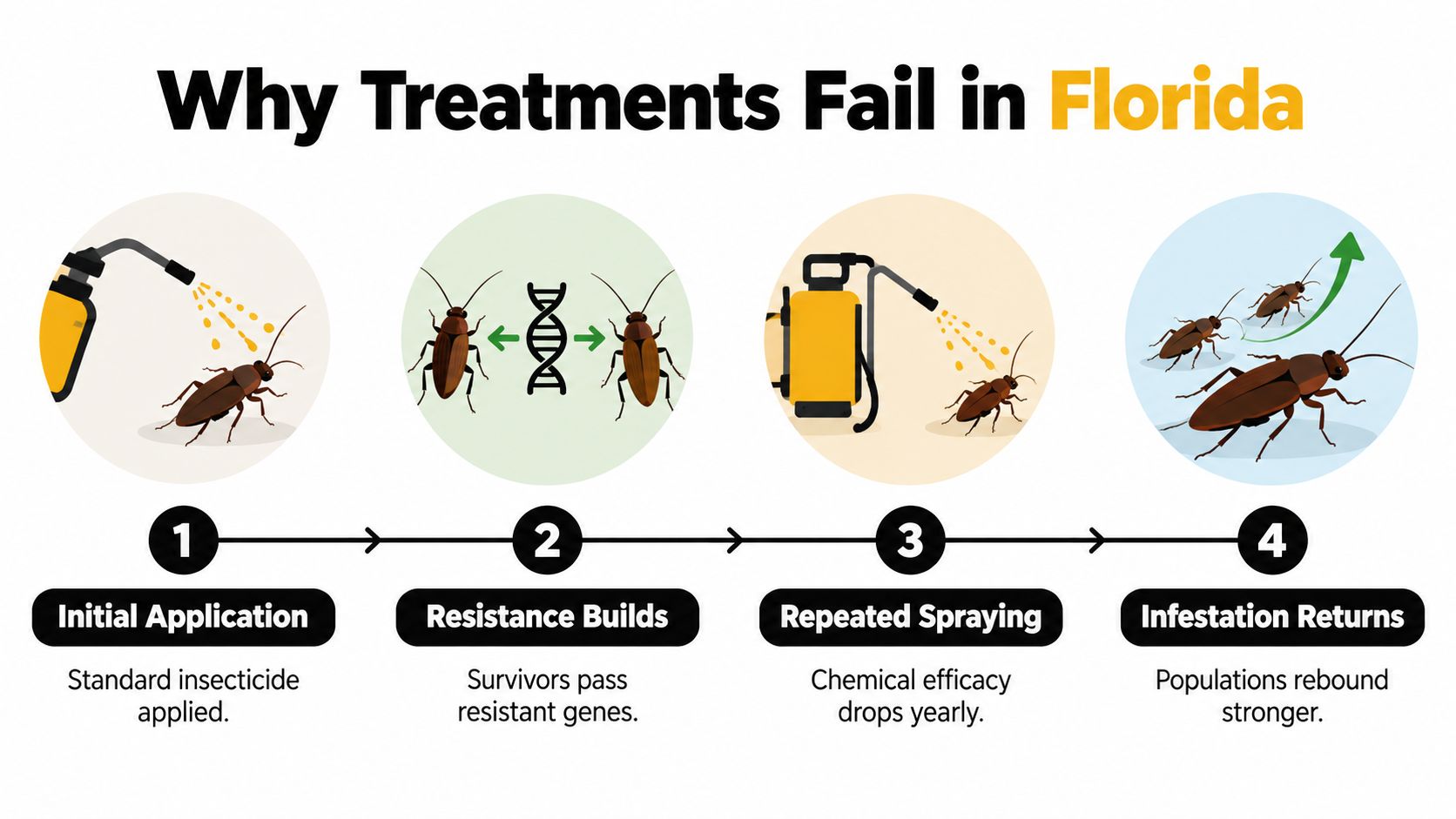 A four-step infographic illustrating how cockroach populations in Florida develop resistance to chemical insecticide treatments over time.
