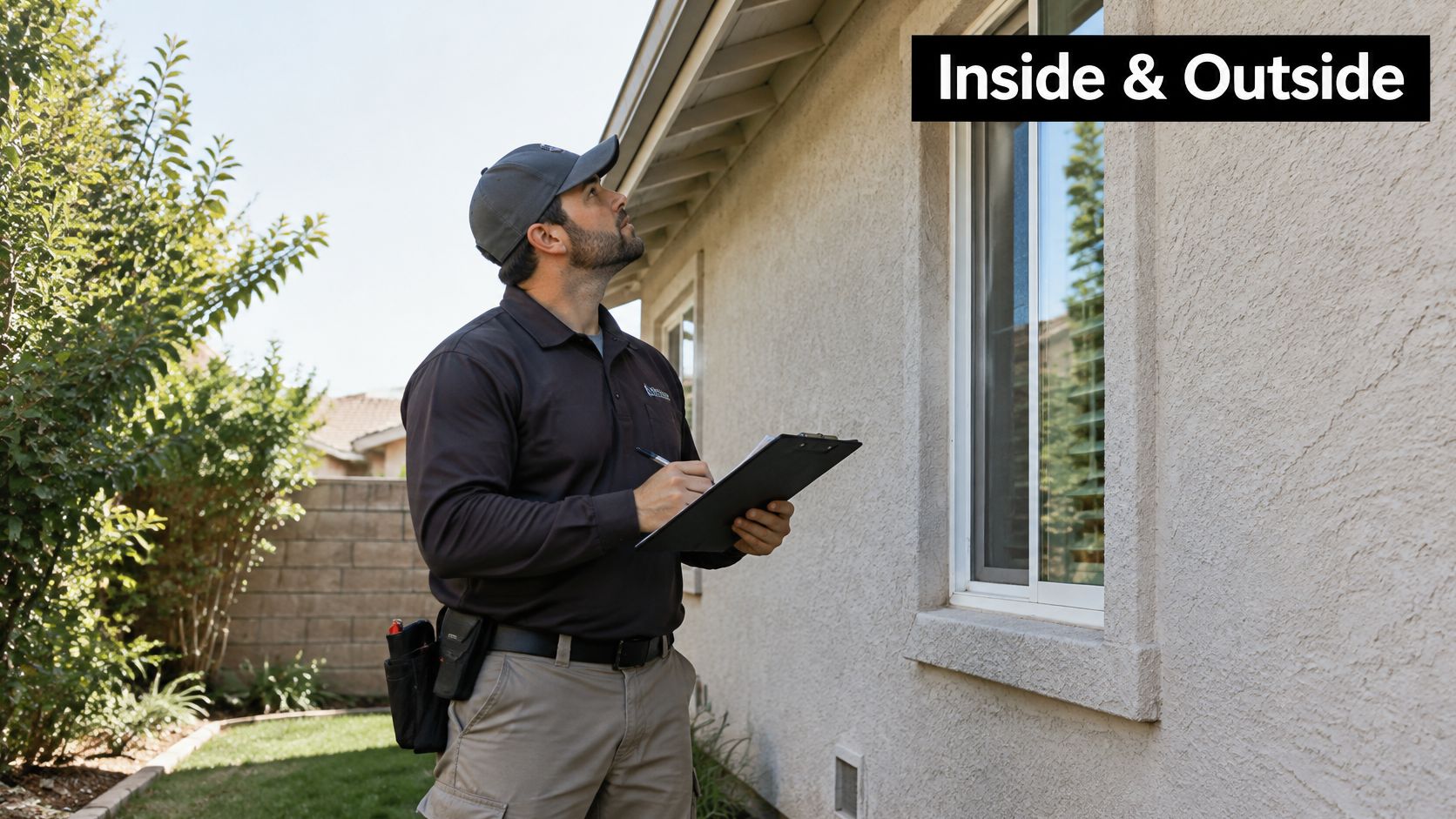 A professional pest control technician wearing a uniform and hat inspecting the exterior of a residential home.